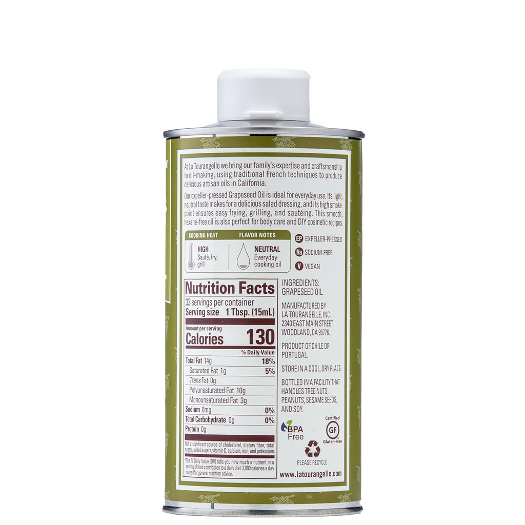 La Tourangelle, Expeller-Pressed Grapeseed Oil, High Heat Neutral Cooking Oil, Cast Iron Seasoning, Also Great for Skin, Hair, and DIY Beauty Recipes, 16.9 fl oz