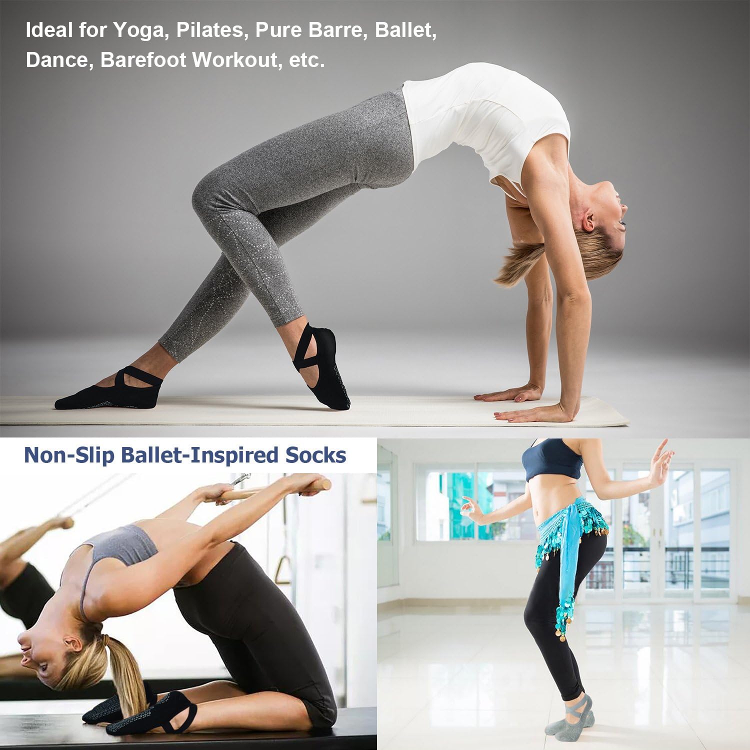Ozaiic Yoga Socks for Women Non-Slip Grips & Straps, Ideal for Pilates, Pure Barre, Ballet, Dance, Barefoot Workout
