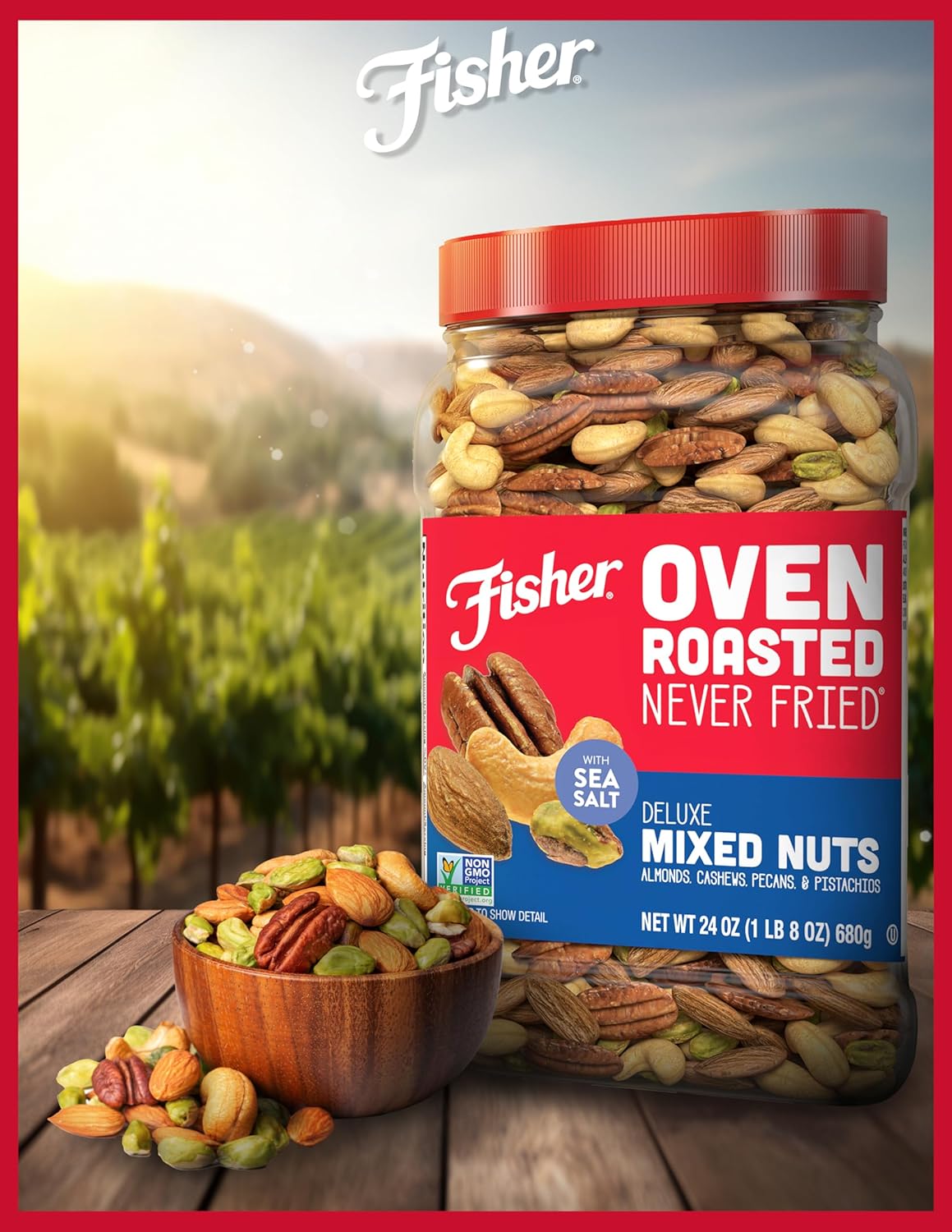 Fisher Oven Roasted Never Fried Deluxe Mixed Nuts, 24 Ounces (Pack of 1), Almonds, Cashews, Pecans, Pistachios, Healthy Snacks for Adults, Made With Sea Salt, No Added Oil, Trail Mix, Gluten Free