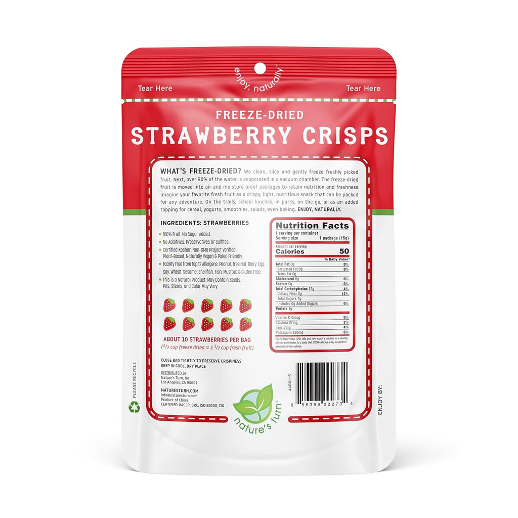 Nature’s Turn Freeze-Dried Strawberry Crisps – Healthy, Gluten-Free, Crispy & Delicious, Plant-Based Snack, Ideal for Cereal, Smoothies, School Lunches, & On-the-Go, Bags of 6 (0.53 oz Each)