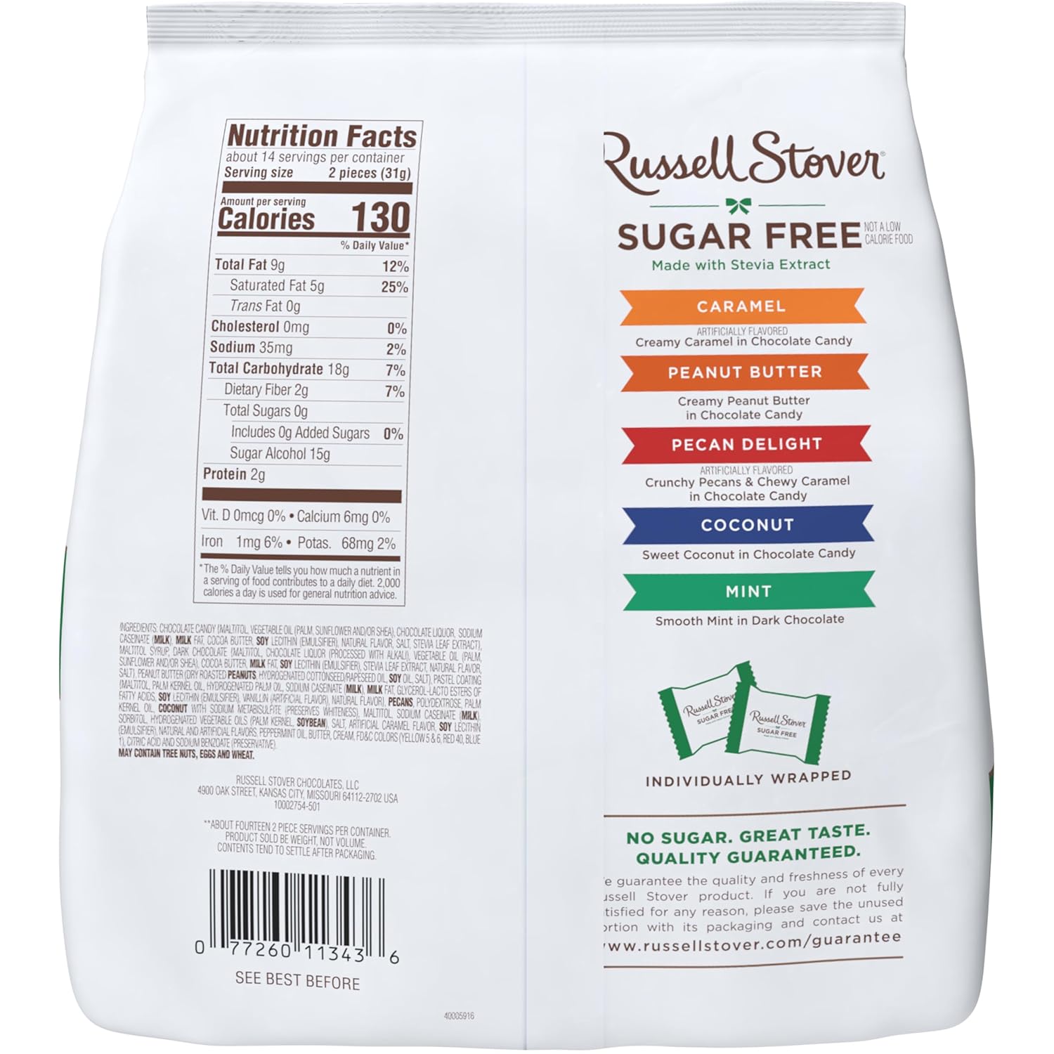RUSSELL STOVER Sugar Free Assorted Chocolate Candy, 15.7 oz. bag
