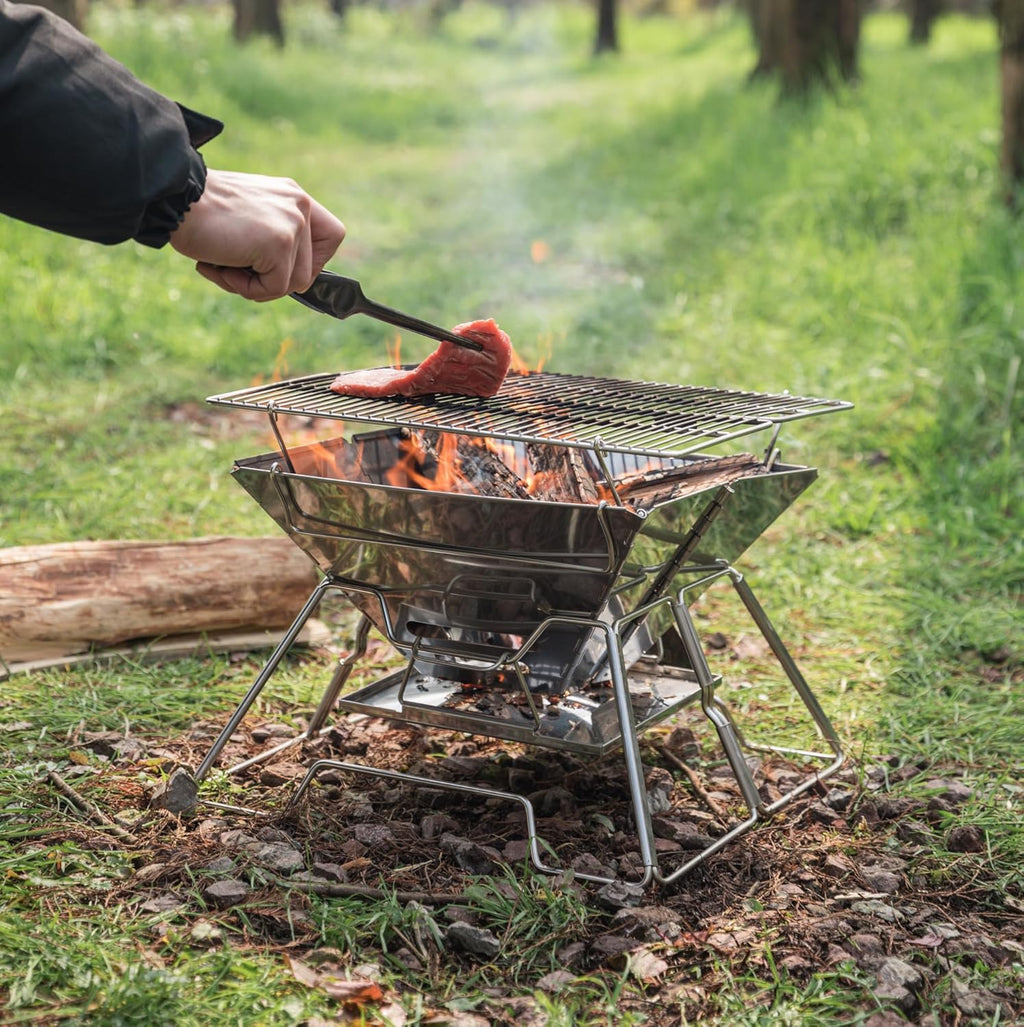 CAMPINGMOON Portable Stainless Steel Campfire Fire Pit Foldable Wood Burning Charcoal Grill for Camping Stove, Outdoor Cooking, Folding BBQ Grill 14-inch with Carry Bag MT-2