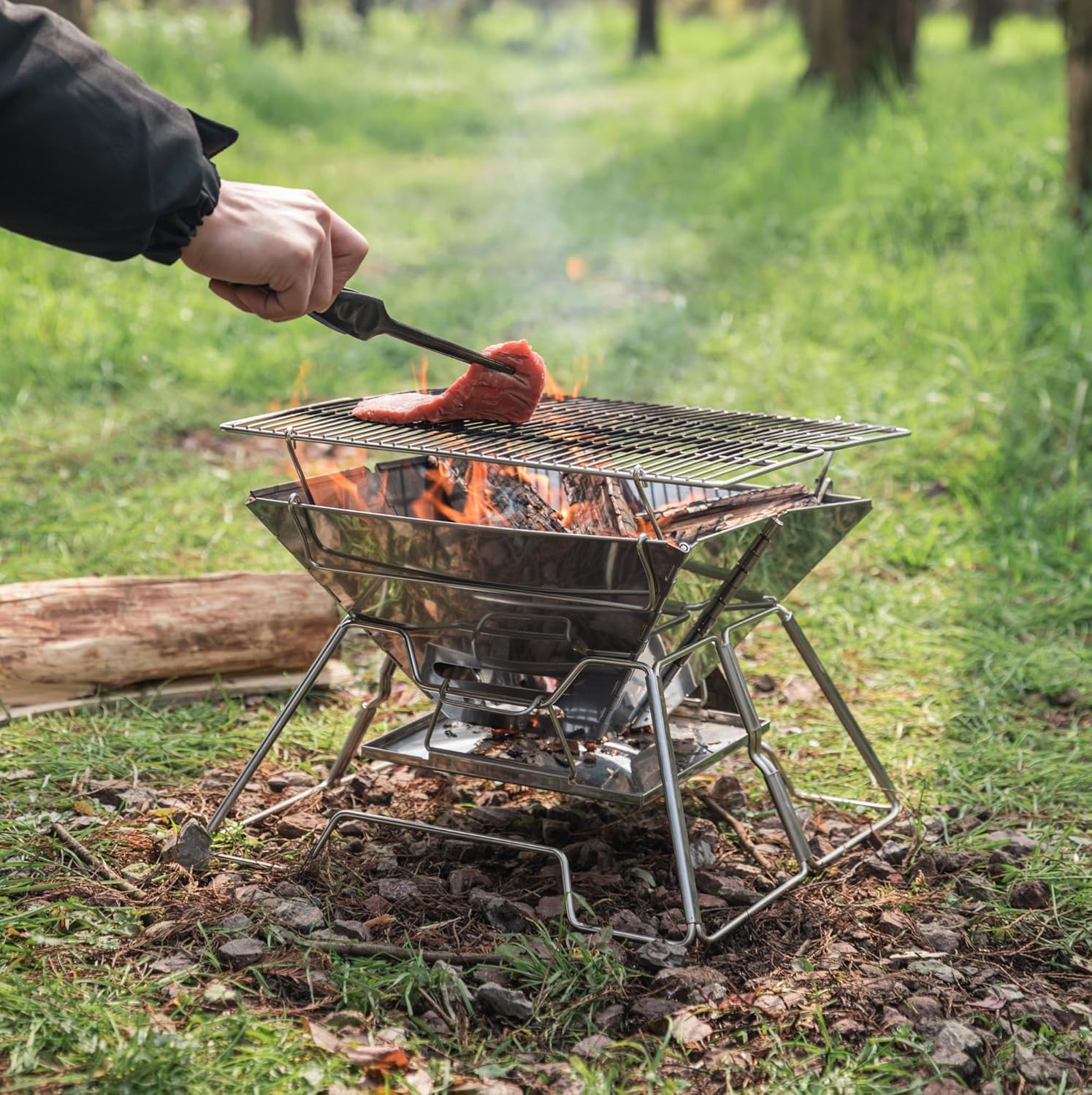 CAMPINGMOON Portable Stainless Steel Campfire Fire Pit Foldable Wood Burning Charcoal Grill for Camping Stove, Outdoor Cooking, Folding BBQ Grill 14-inch with Carry Bag MT-2