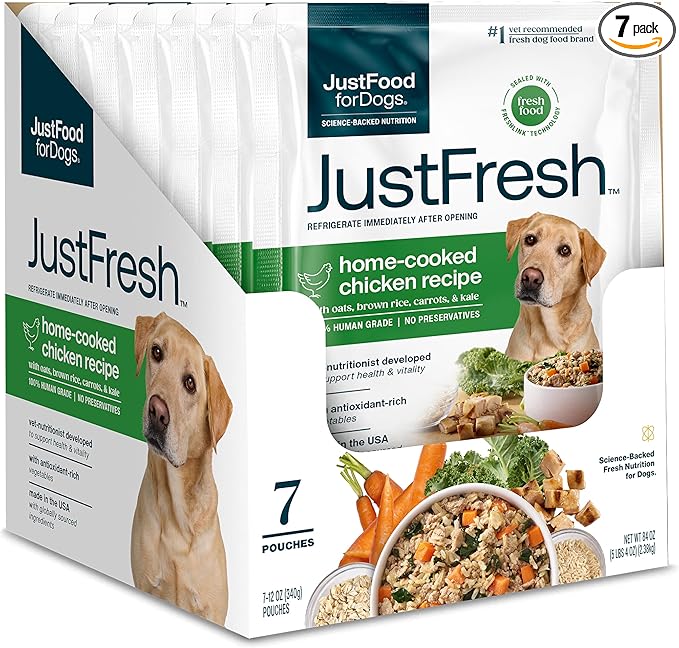 JustFoodForDogs JustFresh Wet Dog Food, Fresh Pet Meals and Toppers with No Preservatives, Resealable Package, Human Grade, Home-Cooked Chicken, 12 oz - 7 Pack