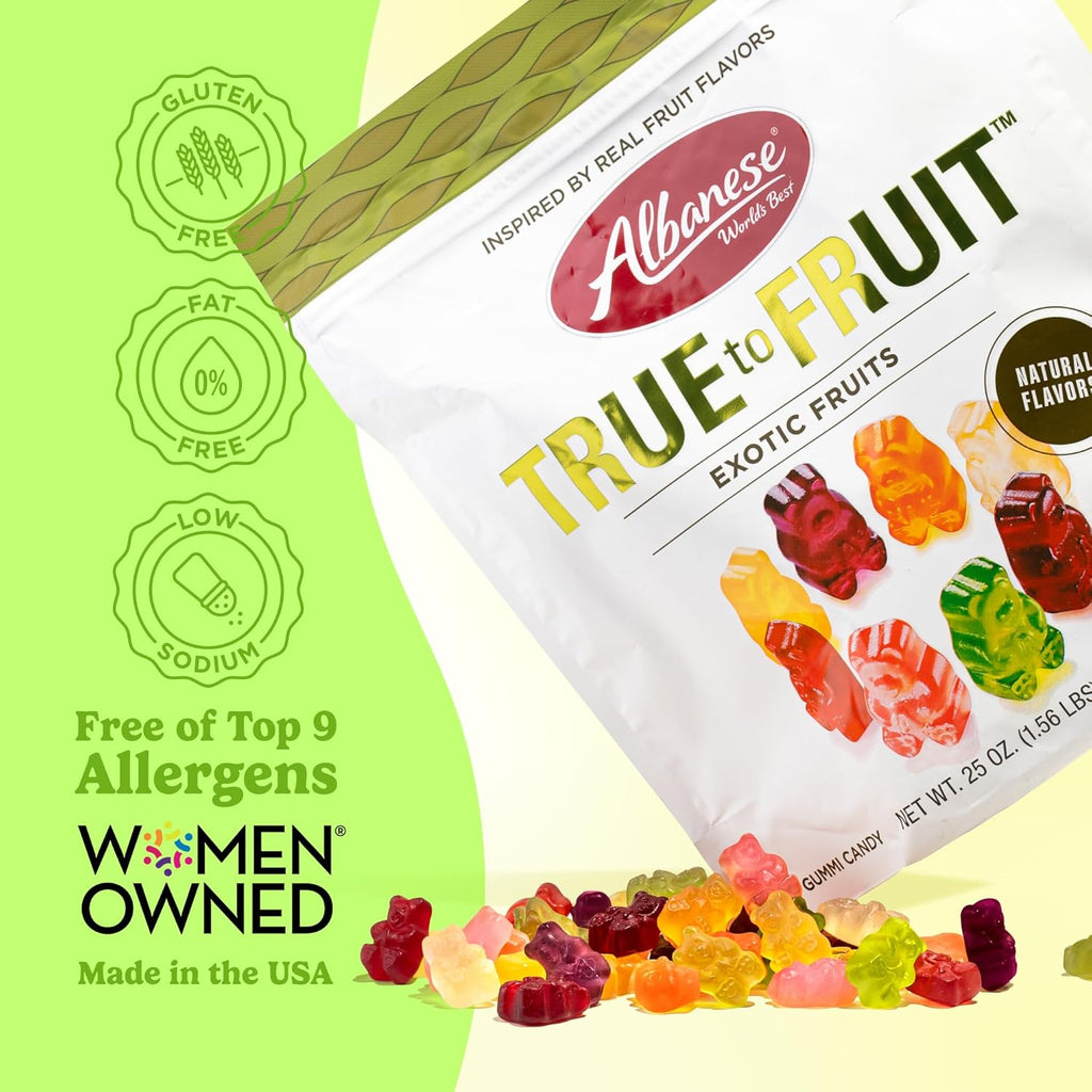 Albanese World's Best True to Fruit Exotic Fruits | 25oz Bag of Candy | 8 Natural Flavors and Colors, Soft Gummy Bears | Fuji Apple and More | Tastes like Real Fruit Picked at the Peak of Ripeness