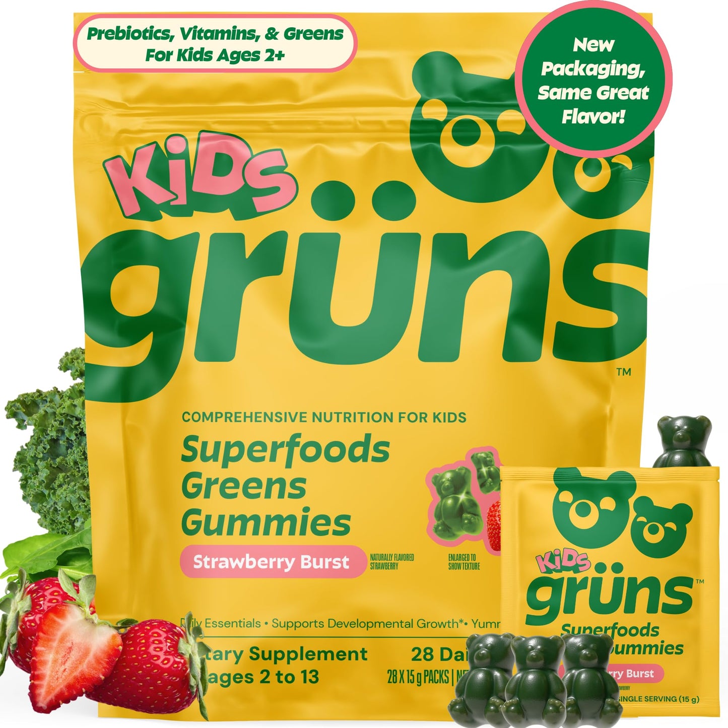 Gruns Multivitamin for Kids, Super Greens Gummies, Superfood Gummy Bears with 20+ Vitamins & Minerals, Spirulina, Chlorella, Alfalfa, Prebiotics Fiber for Digestive Health, Adaptogens Supplement, 28ct