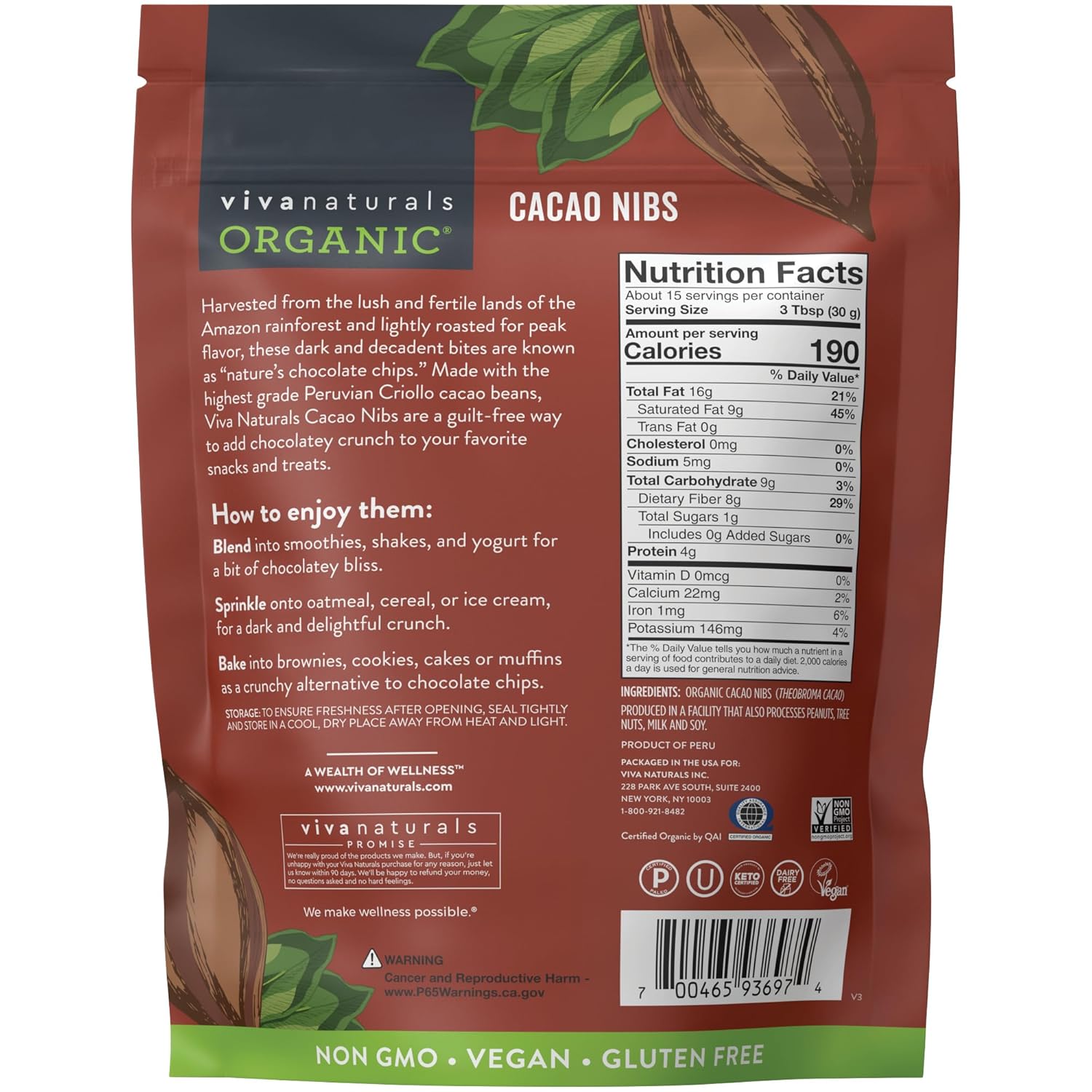 Viva Naturals Organic Cacao Nibs, Unsweetened, 1 LB (454 g), Keto Friendly, Vegan, Non-GMO, Gluten-Free Chocolate Chip Substitute