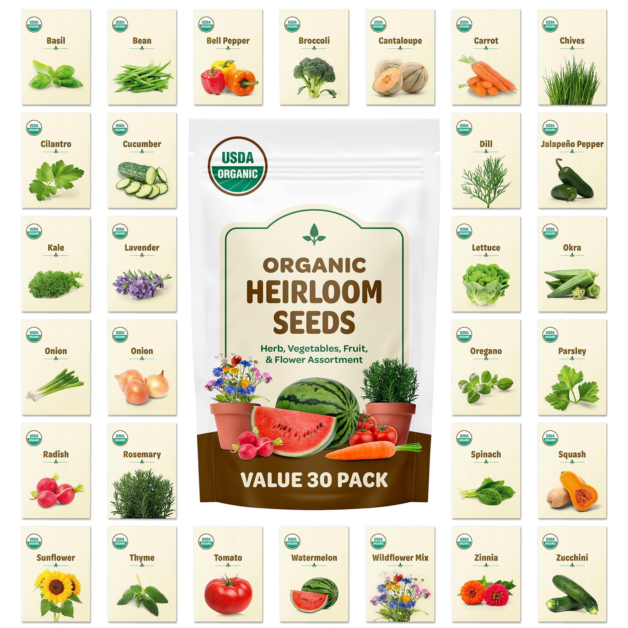 Back to the Roots 100% Heirloom Rescued Seeds, Variety Pack, 30ct of Organic Veggies, Herbs & Flowers to Prevent Waste (Assortment Varies)