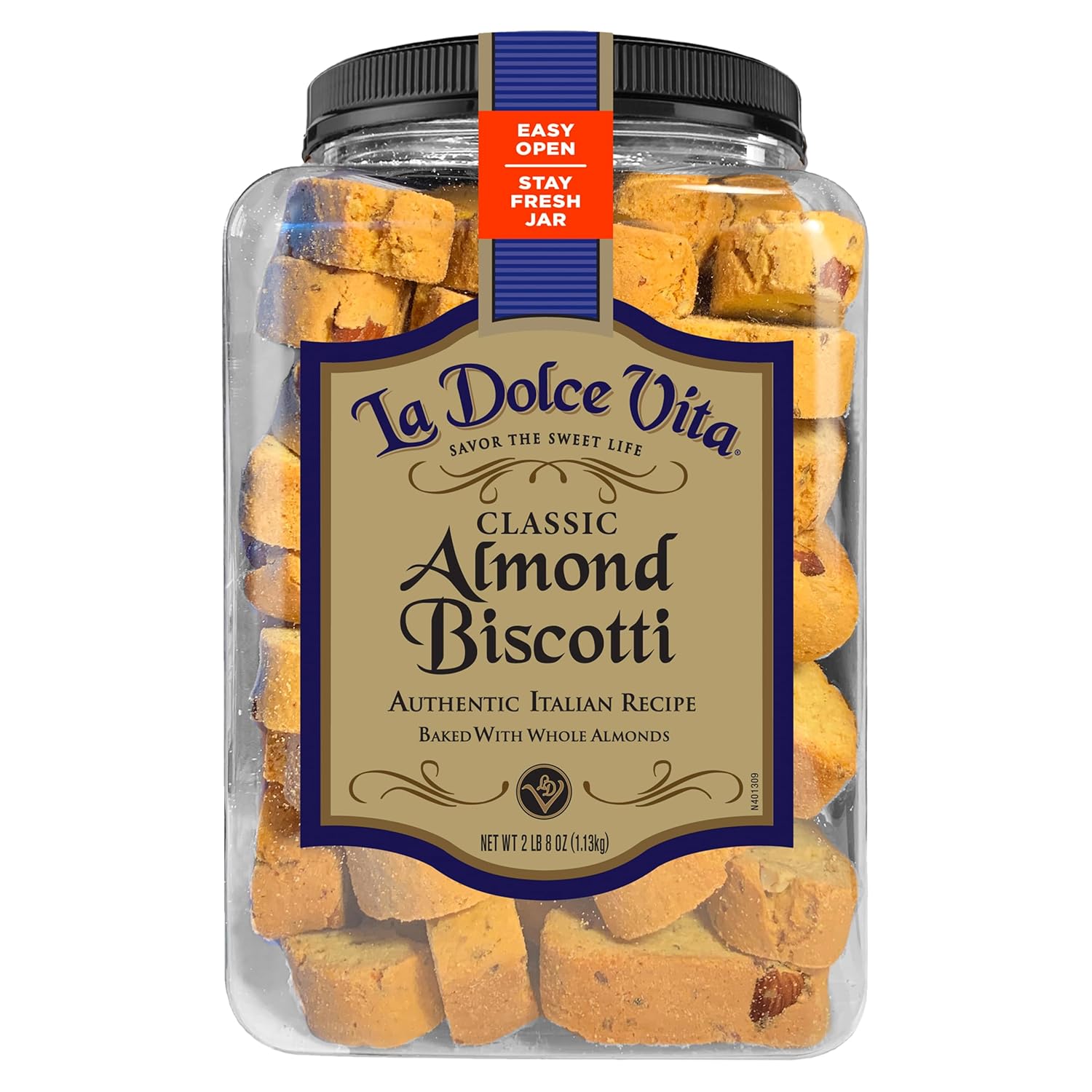 La Dolce Vita Classic Almond Italian Biscotti Cookies, Gourmet Coffee & Tea Dipping Snack, 40 oz Jar
