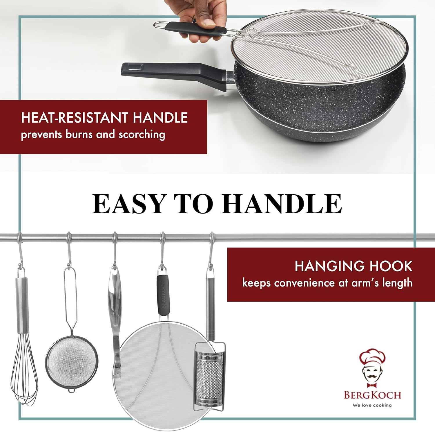 BergKoch Splatter Screen for Frying Pan - 13 Inch Stainless Steel Grease Splatter Guard - Cover Oil Splash when Sizzling Bacon, Cooking Fried Chicken or Popcorn