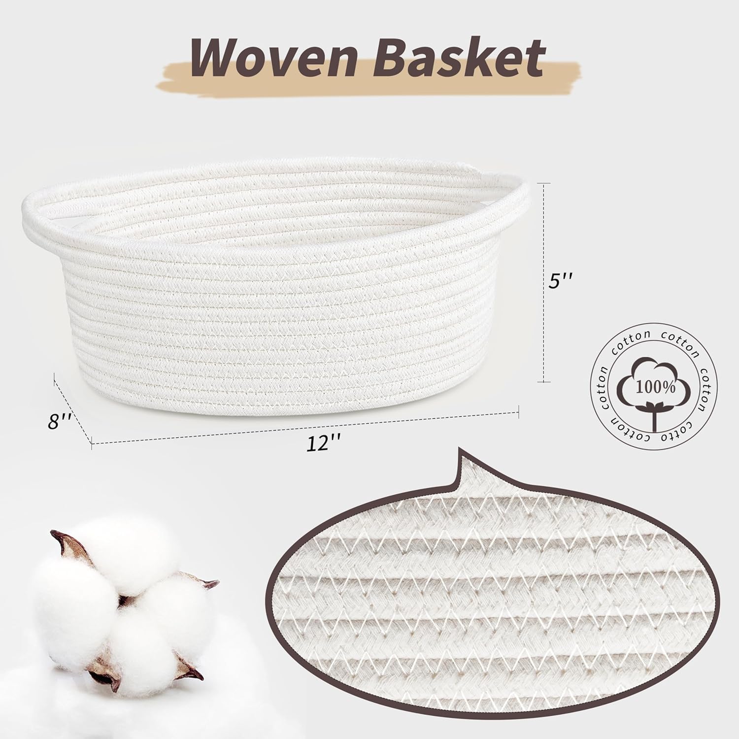 Pro Goleem Small Woven Burr Basket with Gift Bags and Ribbons Durable Baskets for Gifts Empty Small Rope Basket for Storage 12"X 8" X 5" Baby Toy Baskets with Handles, White