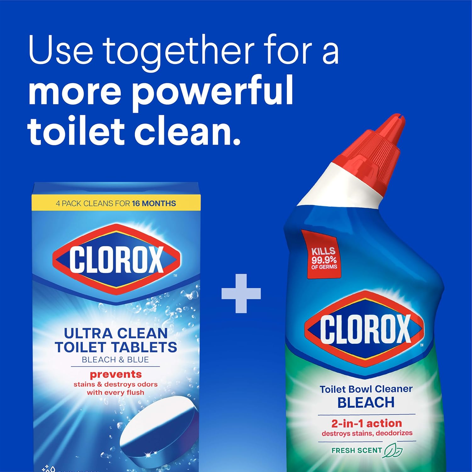 Clorox Ultra Clean Toilet Tablets Bleach & Blue, Rain Clean Scent, 2.47 Ounces Each, 4 Count (Package May Vary)