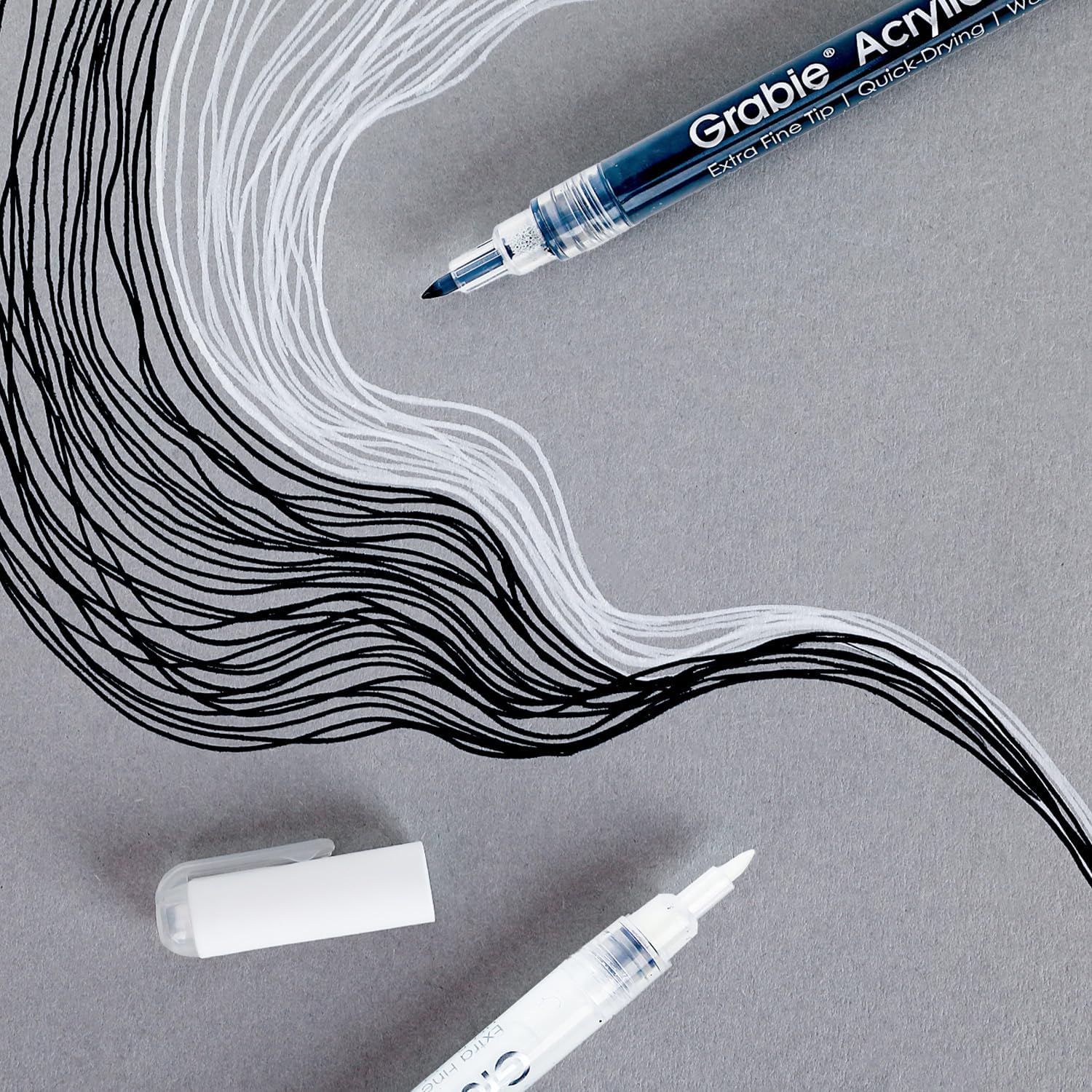 Grabie Black & White Extra Fine Tip Acrylic Paint Marker Set, 6 Pack, 0.7mm Acrylic Paint Pens for Highlights and Fine Details on Drawings, Rock Painting Glass Canvas Wood, White Highlight Markers