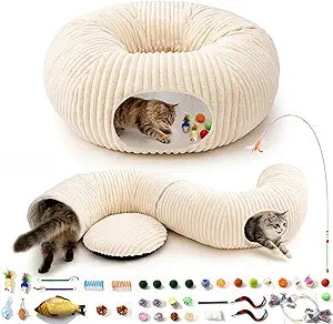 Cat Tunnel Bed with 40 Pcs Interactive Cat Toys, Cat Tube with Kitten Toys for Indoor Kittens, Collapsible Play Tunnel, White