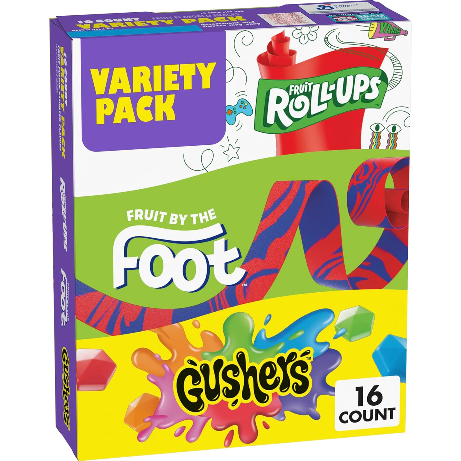 Fruit by the Foot Snacks Variety Pack - Fruit Roll-Ups, Gushers, Gluten Free Gummy Kids Snack, Good Source of Vitamin C, 16 Individually Wrapped Pouches, Perfect for On The Go, 10.2 oz Box
