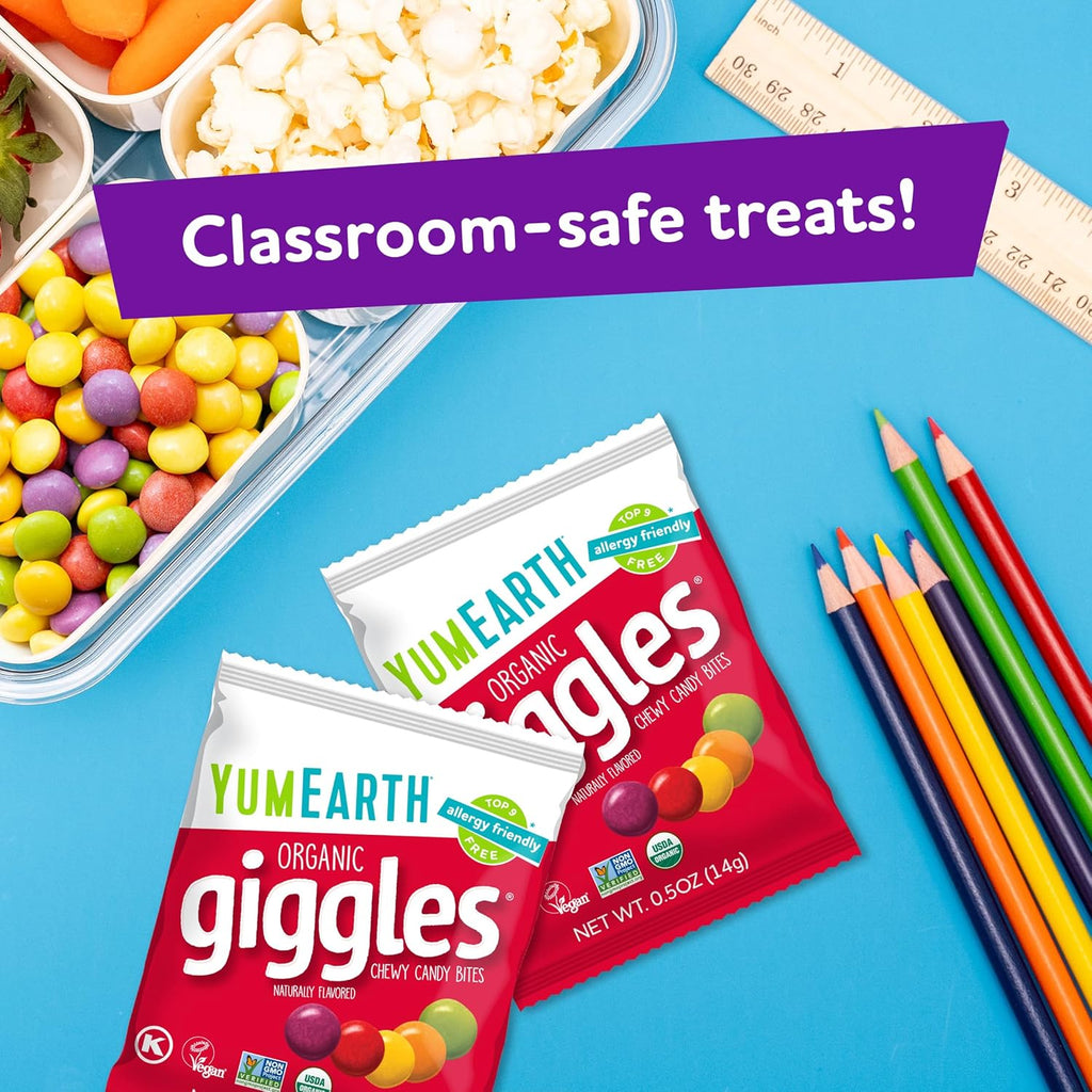 YumEarth Organic Giggles Chewy Candy - Allergy Friendly (Top 9 Free), No Artificial Dyes, Non GMO, Gluten Free, Vegan - Individually Wrapped Fruity Snack Packs - 0.5 Ounce (Pack of 10)