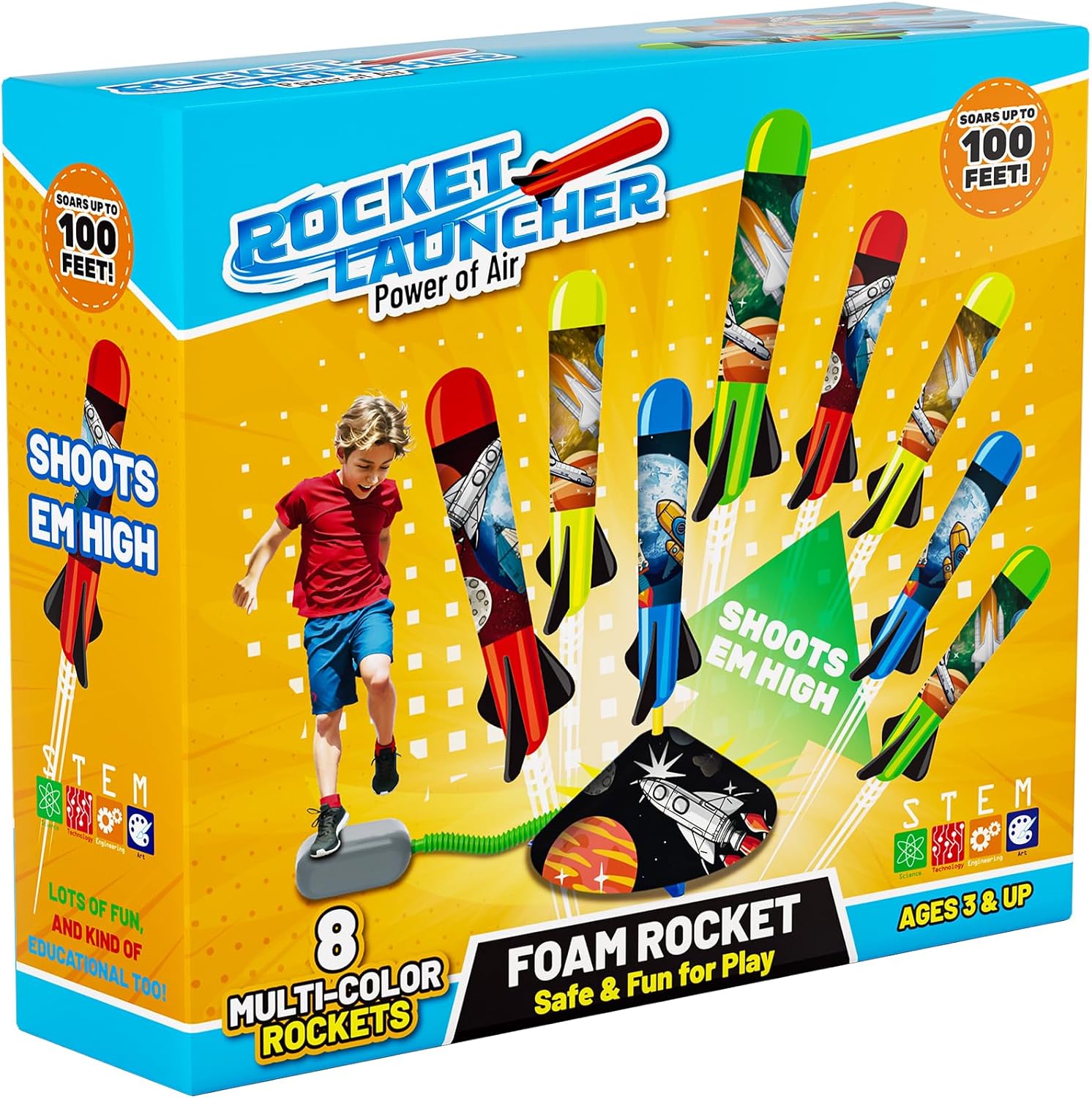 Toys Rocket Launcher for Kids - Launch up to 100 Ft, 8 Multi-Color Foam Rockets & Adjustable Launch Stand, Kids Outdoor Toys, Age 3+