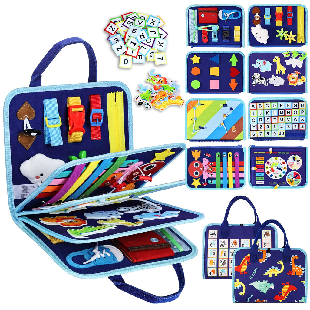 Esjay Toddler Busy Board Montessori Toys for Boys, Sensory Book Educational Activities for Learning Fine Motor Skills, Birthday Gifts for Boys Toddlers, Travel Toys for Airplane Car, Blue Dinosaur