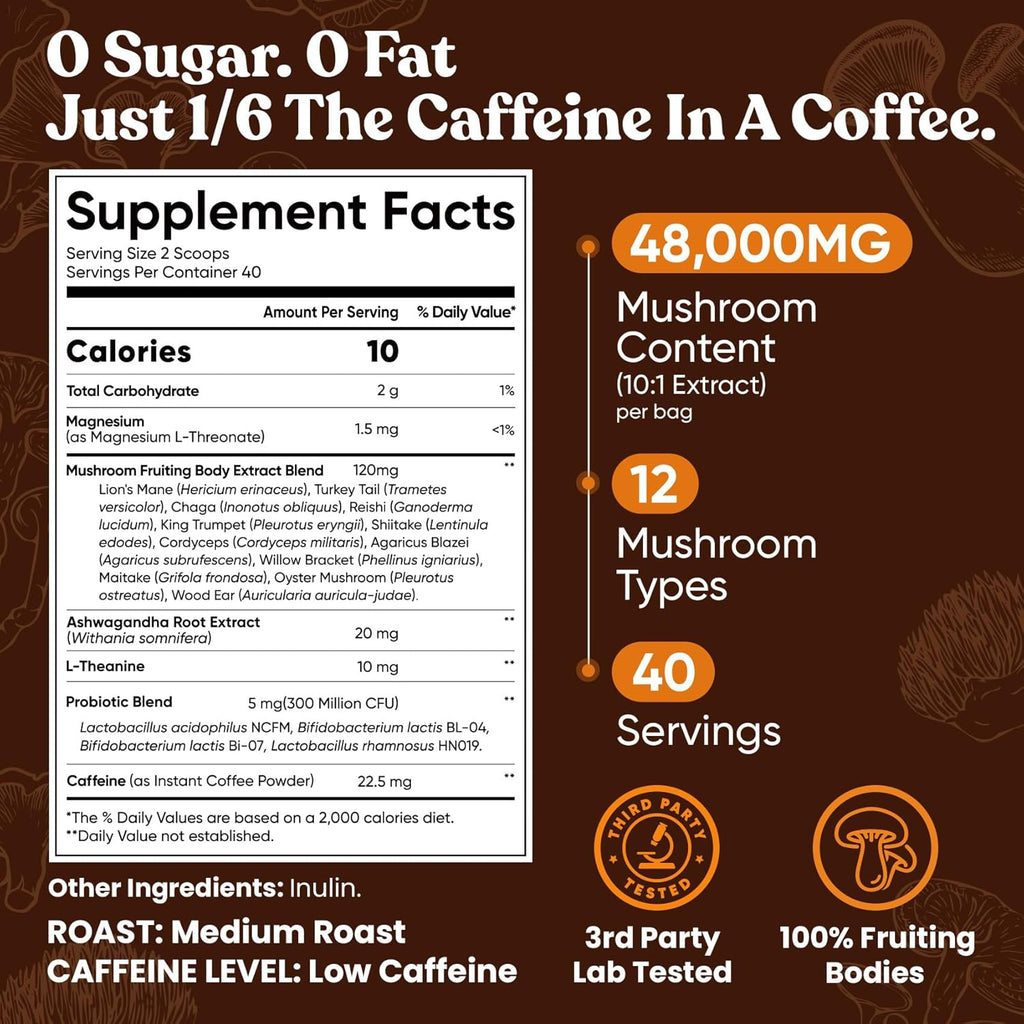 Venture Pal 48000mg Mushroom Coffee with 12 Adaptogenic Mushrooms, Lion's Mane, Cordyceps, Turkey tail, Reishi, Ashwagandha & Probiotics, Instant Coffee for Focus, Digestion & Immunity, 40 Servings