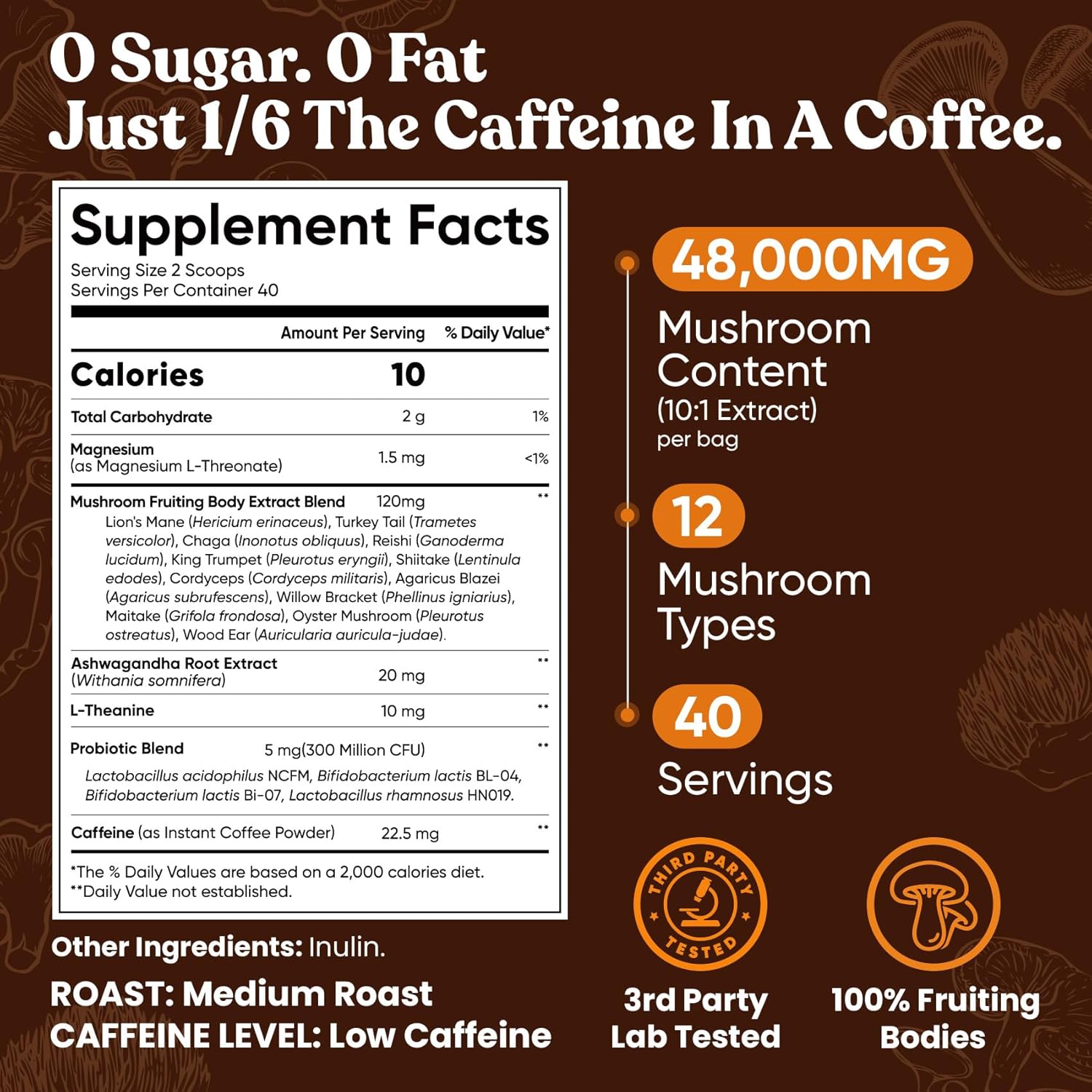 Venture Pal 48000mg Mushroom Coffee with 12 Adaptogenic Mushrooms, Lion's Mane, Cordyceps, Turkey tail, Reishi, Ashwagandha & Probiotics, Instant Coffee for Focus, Digestion & Immunity, 40 Servings