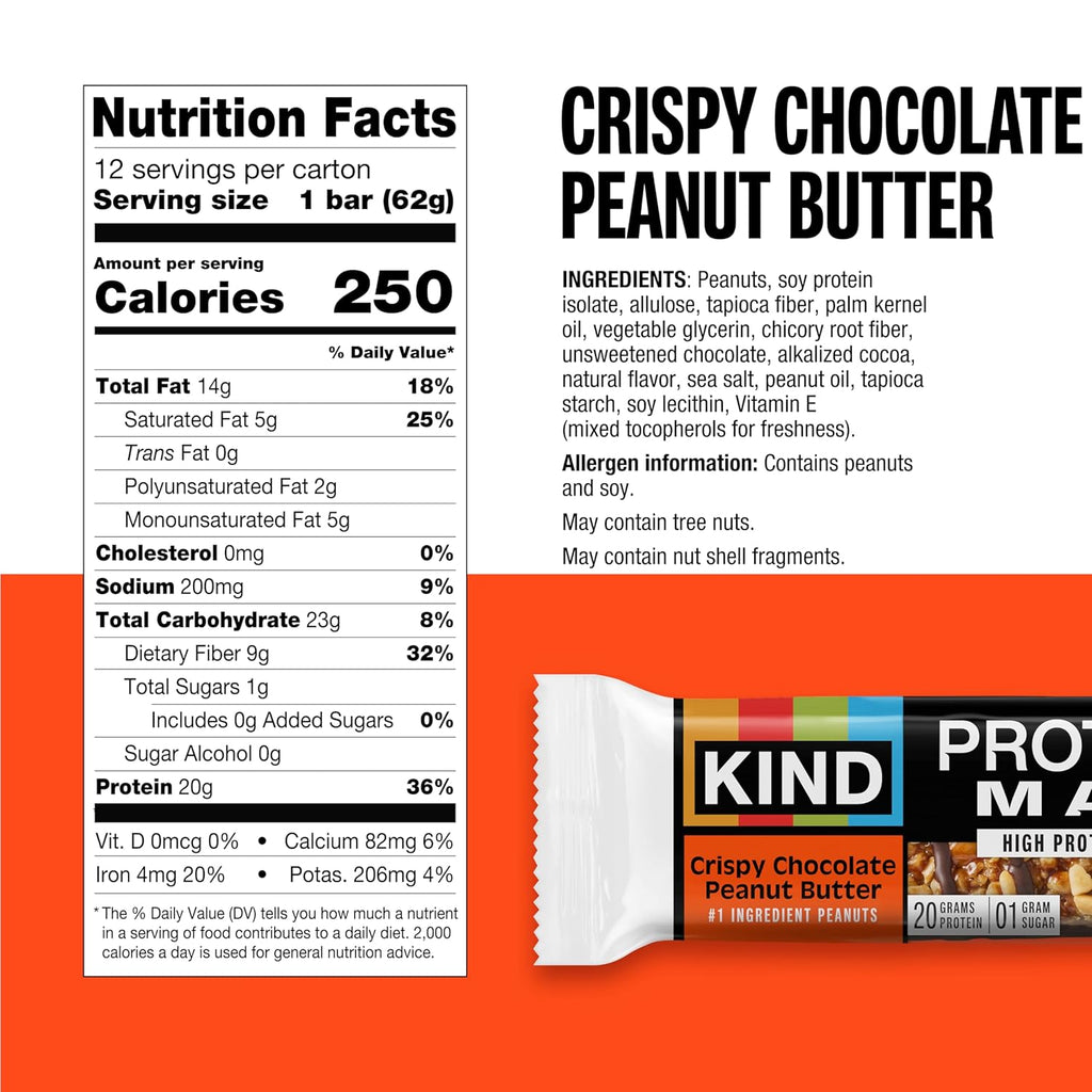 KIND Protein MAX Crispy Chocolate Peanut Butter Snack Bars, 20g of Protein, Keto Friendly, 1g of Sugar Per Bar, Gluten Free, 12 Count Box