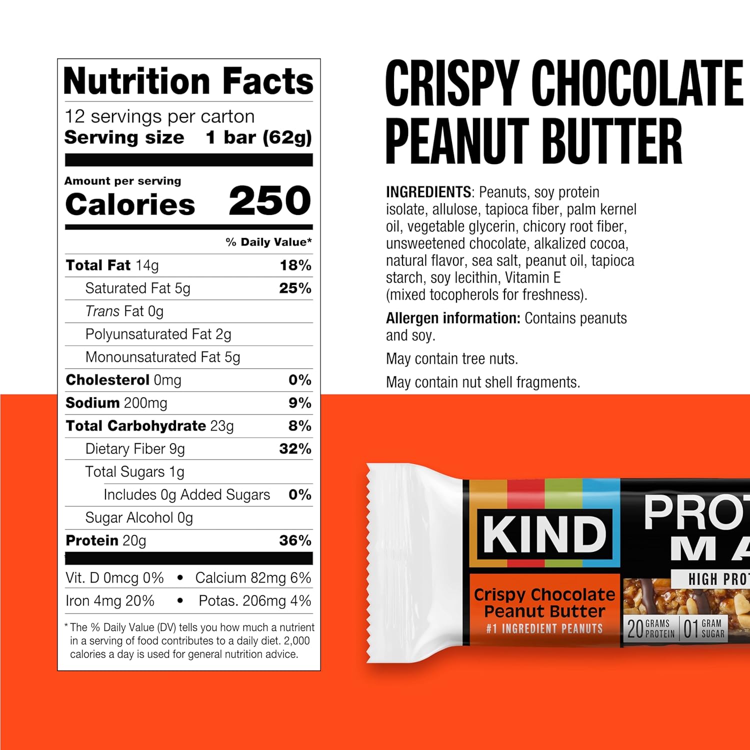 KIND Protein MAX Crispy Chocolate Peanut Butter Snack Bars, 20g of Protein, Keto Friendly, 1g of Sugar Per Bar, Gluten Free, 12 Count Box