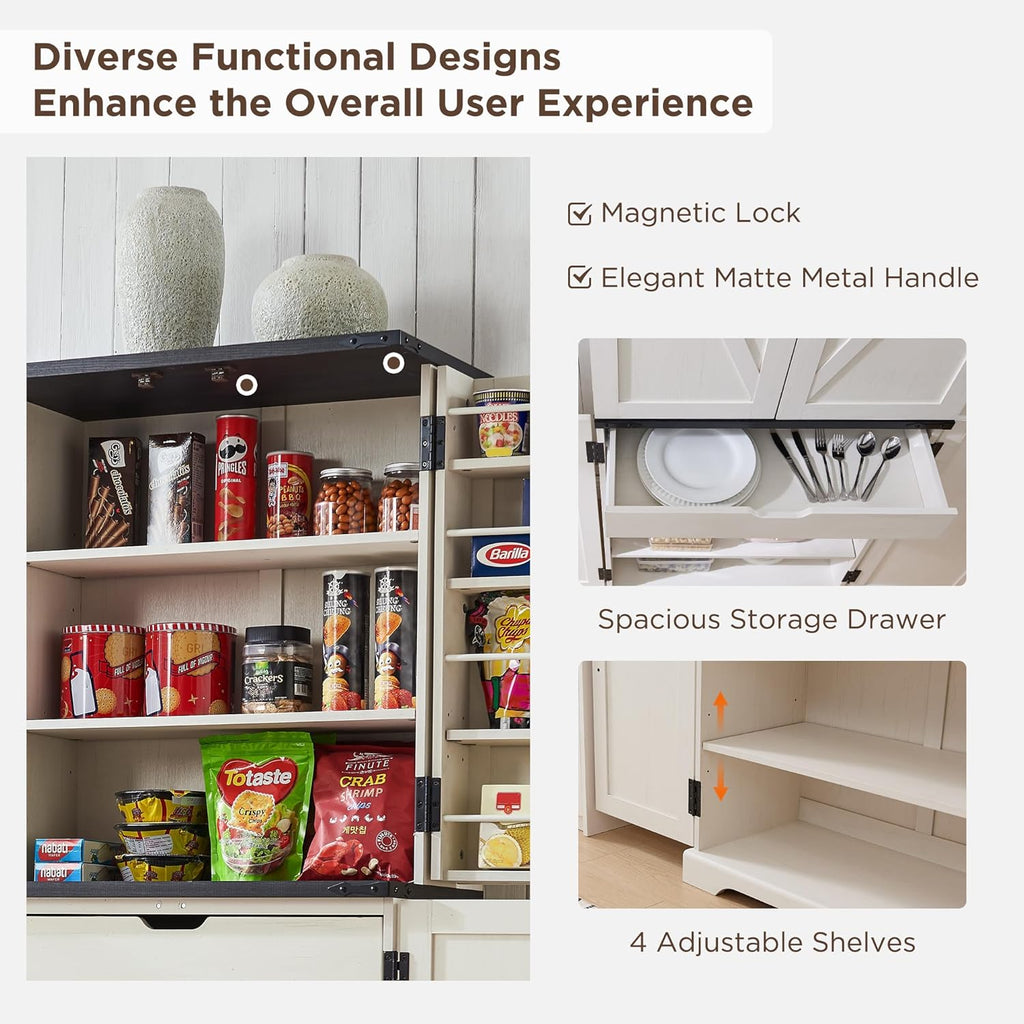 ACCOHOHO 72" Tall Kitchen Pantry, Farmhouse Storage Cabinet with Barn Doors, Organizer, Drawer and Adjustable Shelves, Rustic Wood Cupboard for Kitchen, Dining Room, Bathroom, Off White