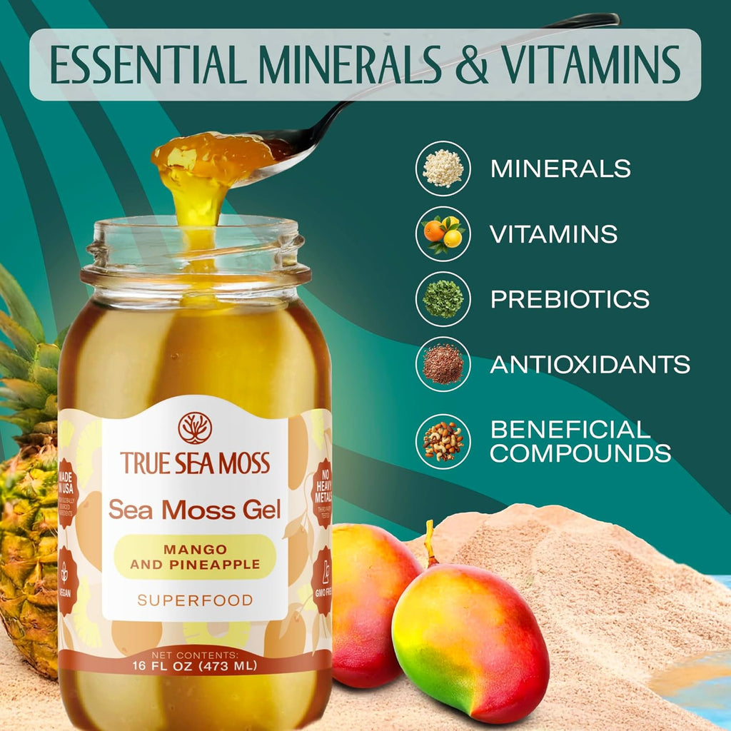 TrueSeaMoss Sea Moss Gel – Made in USA – Wildcrafted Seamoss, Fruits & Jarred Vegetables – Mango/Pineapple, Pack of 1 (Labels may Vary)