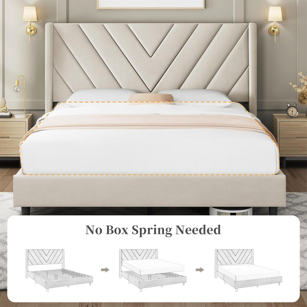 Yaheetech Queen Bed Frame Upholstered Platform Bed with Wing Side/Wooden Slat Support/Tufted Headboard with Wing Side/Mattress Foundation/No Box Spring Needed,Beige Queen Bed