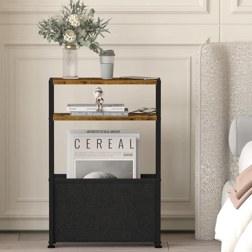 Narrow Side Table, Slim End Tables with Fabric Basket, Skinny Table for Small Spaces, Thin Bedside Table for Living Room, Bedroom