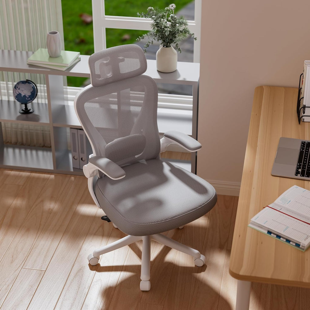 Ergonomic Office Chair M903, Computer Desk Chair with Wheels, High Back Mesh Office Chair with Adjustable Lumbar Support, Headrest, Flip-Up Armrests, Withe Grey