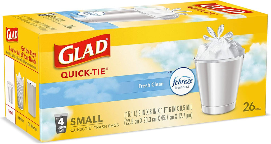 Glad OdorShield Small Trash Bags, Febreze Fresh Clean, 4 Gal, 26 Ct (Package May Vary)