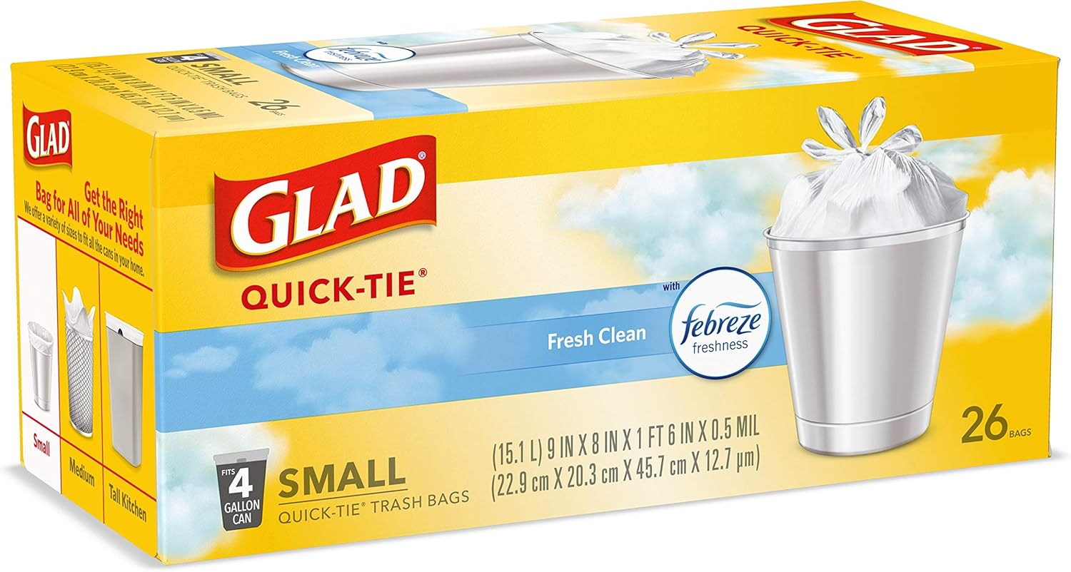 Glad OdorShield Small Trash Bags, Febreze Fresh Clean, 4 Gal, 26 Ct (Package May Vary)