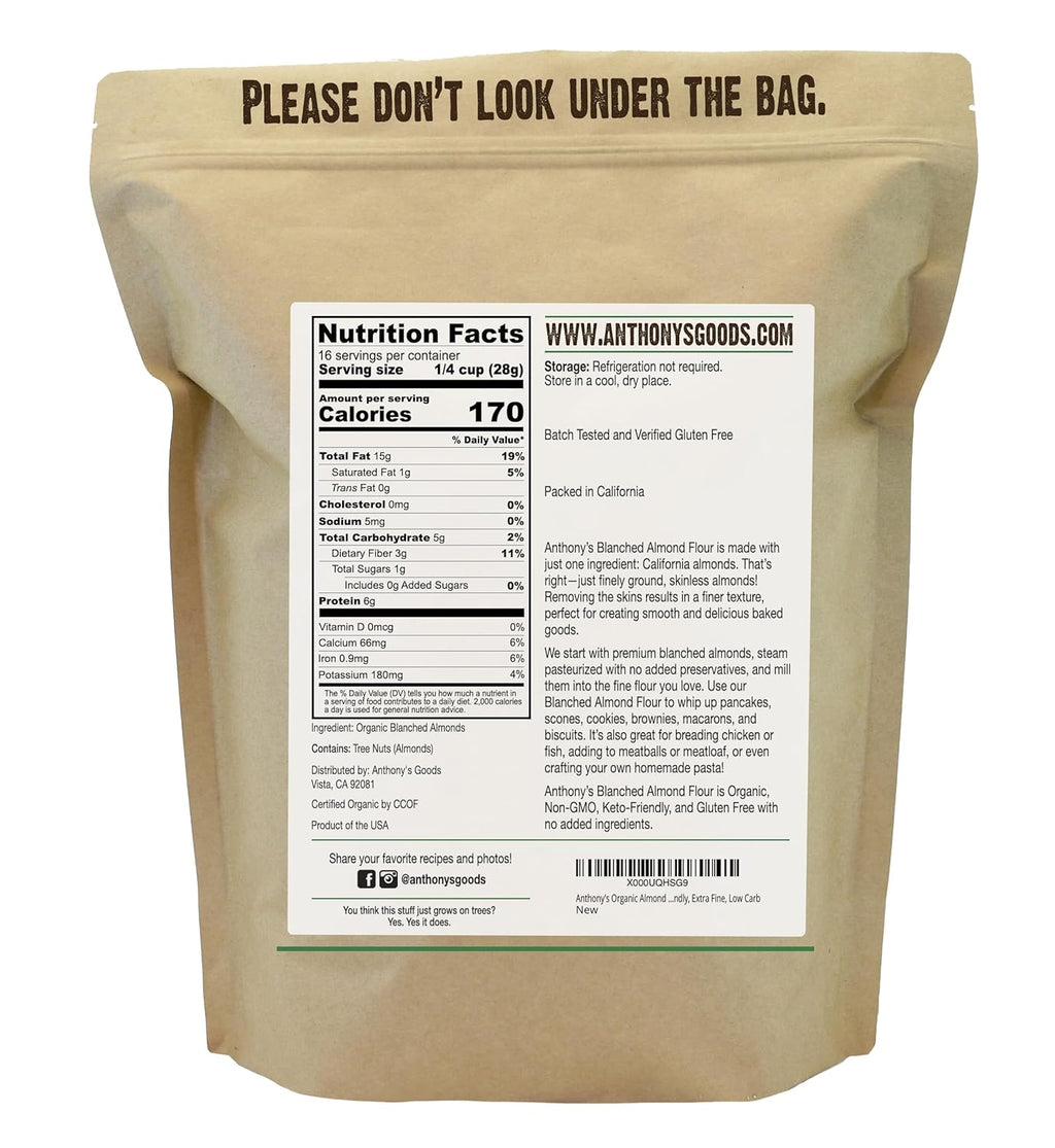 Anthony's Organic Almond Flour, 1 lb, Blanched, Gluten Free, Non GMO, Keto Friendly, Extra Fine, Low Carb