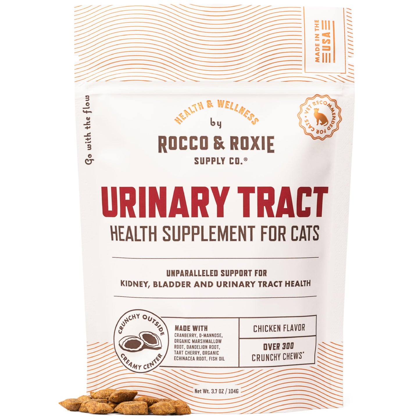 Rocco & Roxie Cat Urinary Tract Health Supplement, Cranberry and D-Mannose for Bladder, UT and Kidney Support for Cats, Vet-Recommended, Chicken-Flavored Crunchy Chews, Made in USA