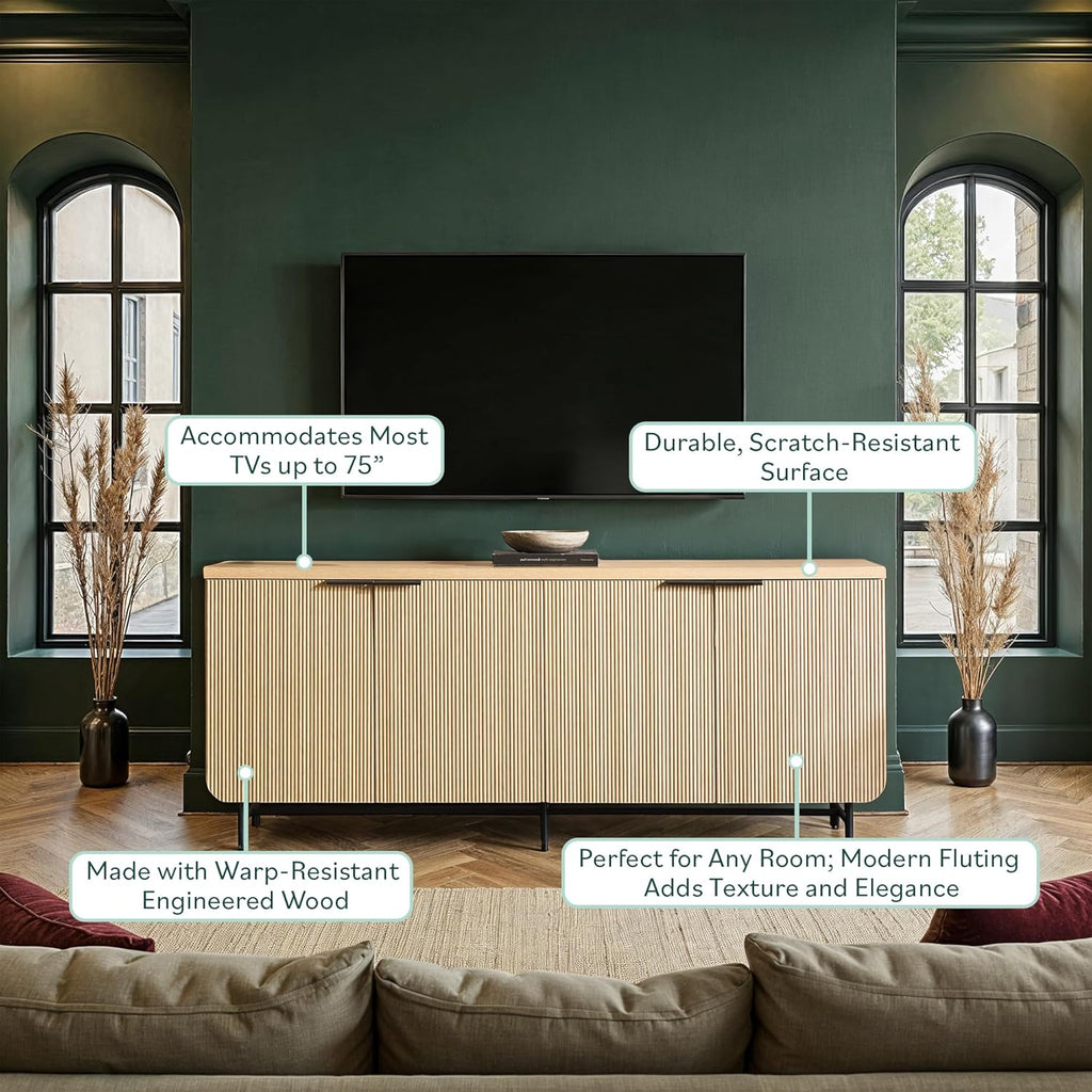 Walker Edison Reema Fluted 4-Door Kitchen Sideboard Buffet Console, 69 Inch, Coastal Oak