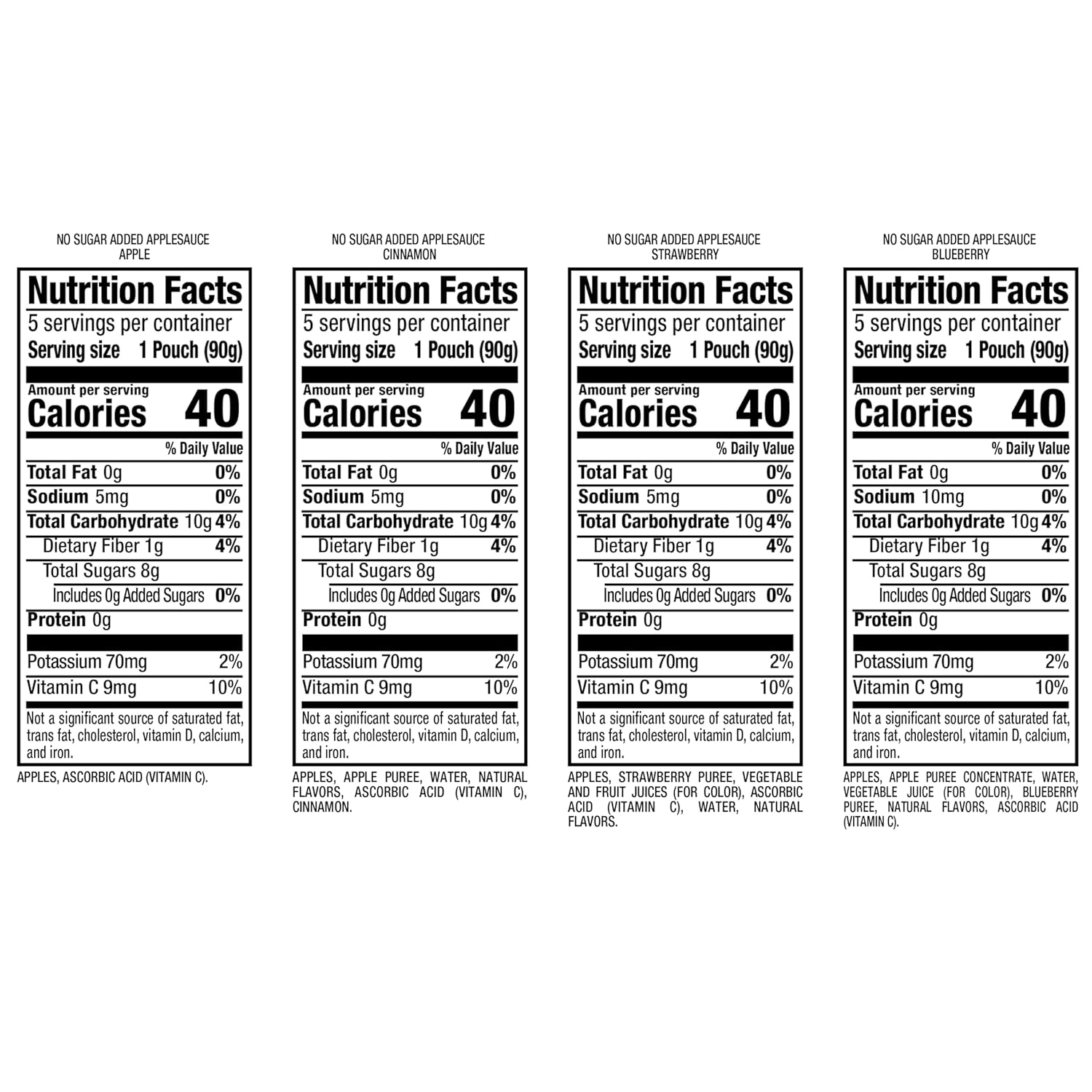 Mott's No Sugar Added Applesauce Variety Pack, 4 Flavors – Apple, Strawberry, Cinnamon & Blueberry, Made from Real Fruit, No Artificial Flavors, 3.2 Clear Pouches, 20 Pack