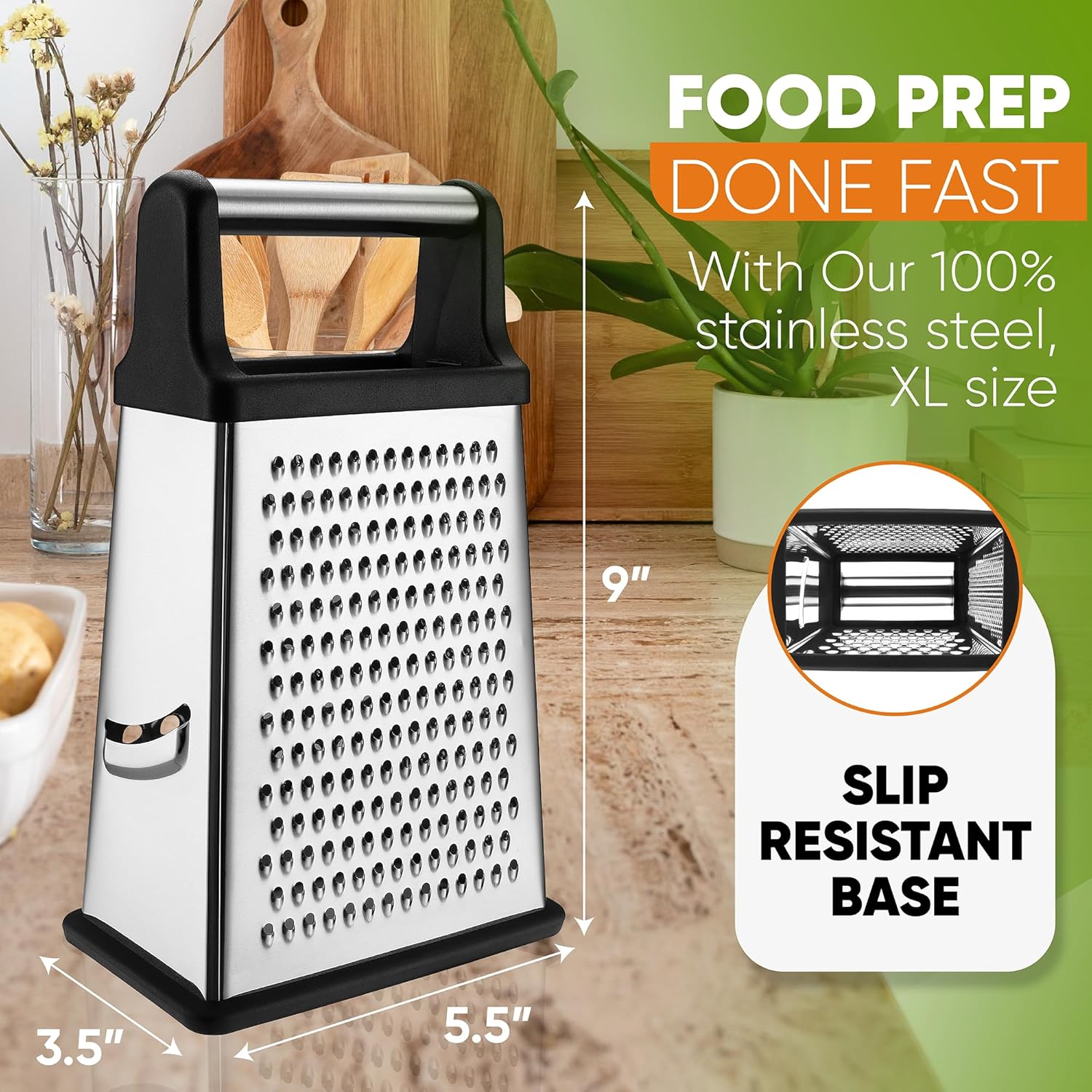 Spring Chef Professional Cheese Grater - Stainless Steel, XL Size, 4 Sides - Perfect Box Grater for Parmesan Cheese, Vegetables, Ginger - Dishwasher Safe - Black