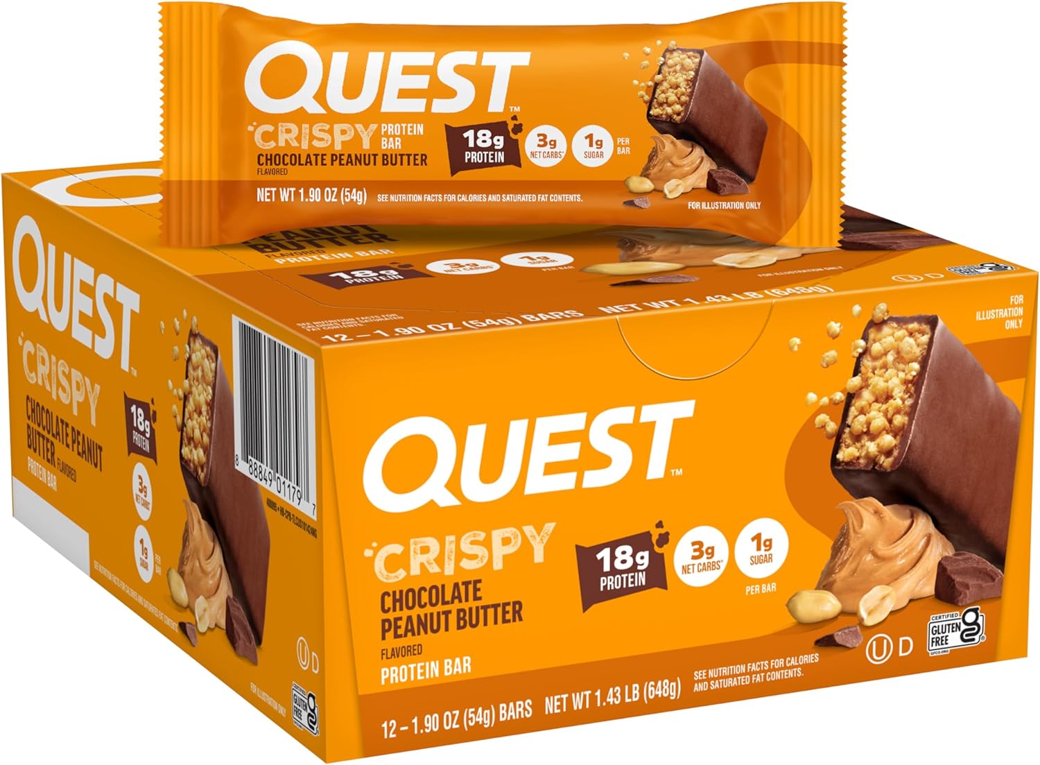Quest Nutrition Crispy Chocolate Peanut Butter Hero Protein Bar, 18g Protein, 1g Sugar, 3g Net Carb, Gluten Free Protein Snack, Keto Friendly, 12 Count