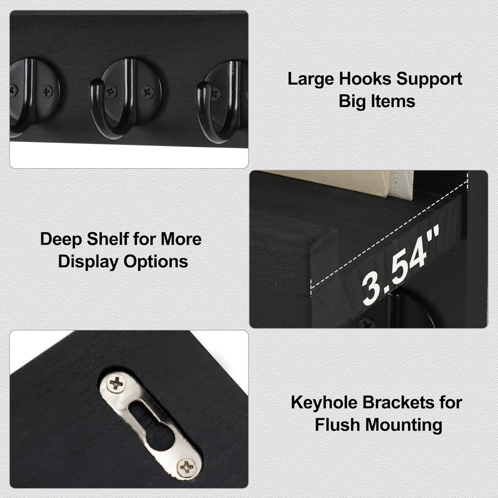Wall Key Holder with Shelf, Hooks for Bags & Coats, Paulownia Wood, 9.8 x 6.7 x 4.2 - Cart Shape