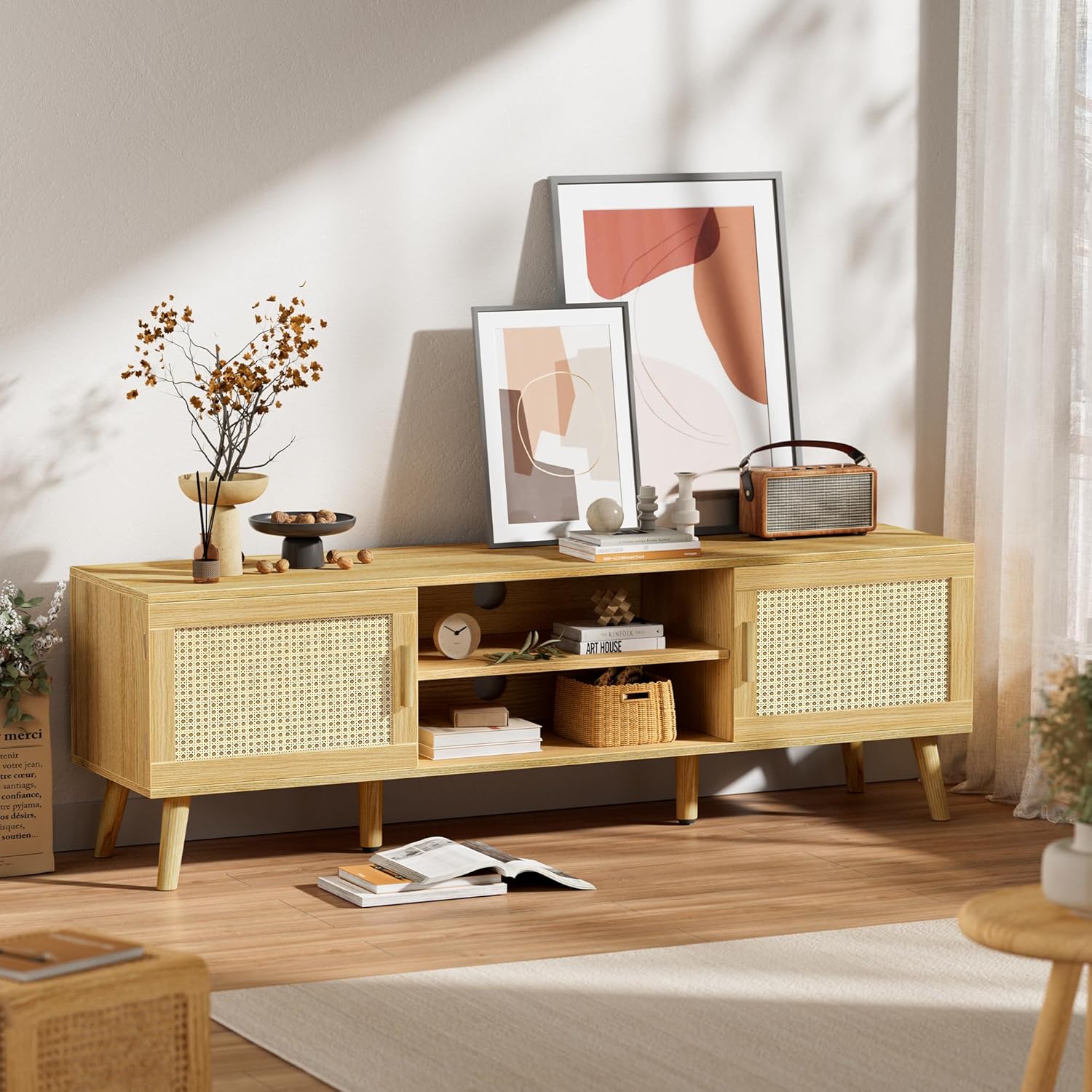 SUPERJARE Boho TV Stand for 65 Inch TV, Entertainment Center with Adjustable Shelf, Rattan TV Console with 2 Cabinets, Media Console, Solid Wood Feet, 4 Cord Holes, for Living Room - Natural, 8782T