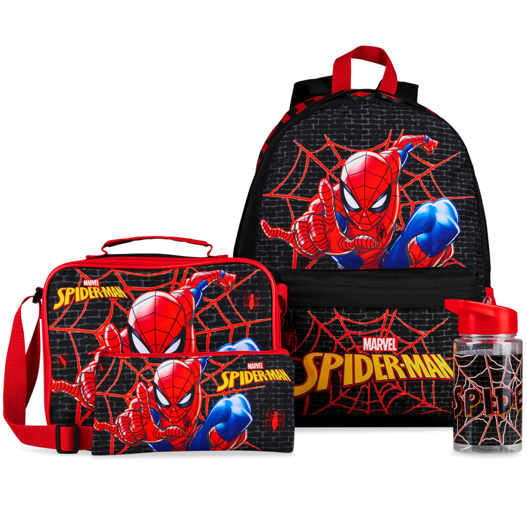 Marvel Spiderman Backpack Lunch Box Water Bottle Pencil Case 4 pc Set for Boys Girls Bookbag Picnic Backpacks Gifts for Kids