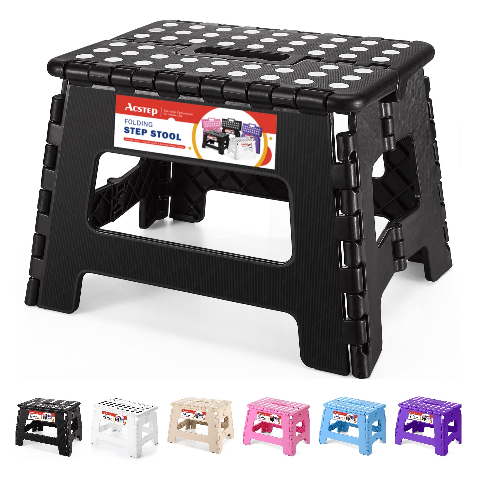 ACSTEP Folding Step Stool 9 Inch, Sturdy Collapsible Kitchen Step Stool Foldable for Kids, Toddlers & Adults, Non Slip Lightweight Foot Stools with Handle, Holds 300 lbs Ideal for Bathroom Bedroom