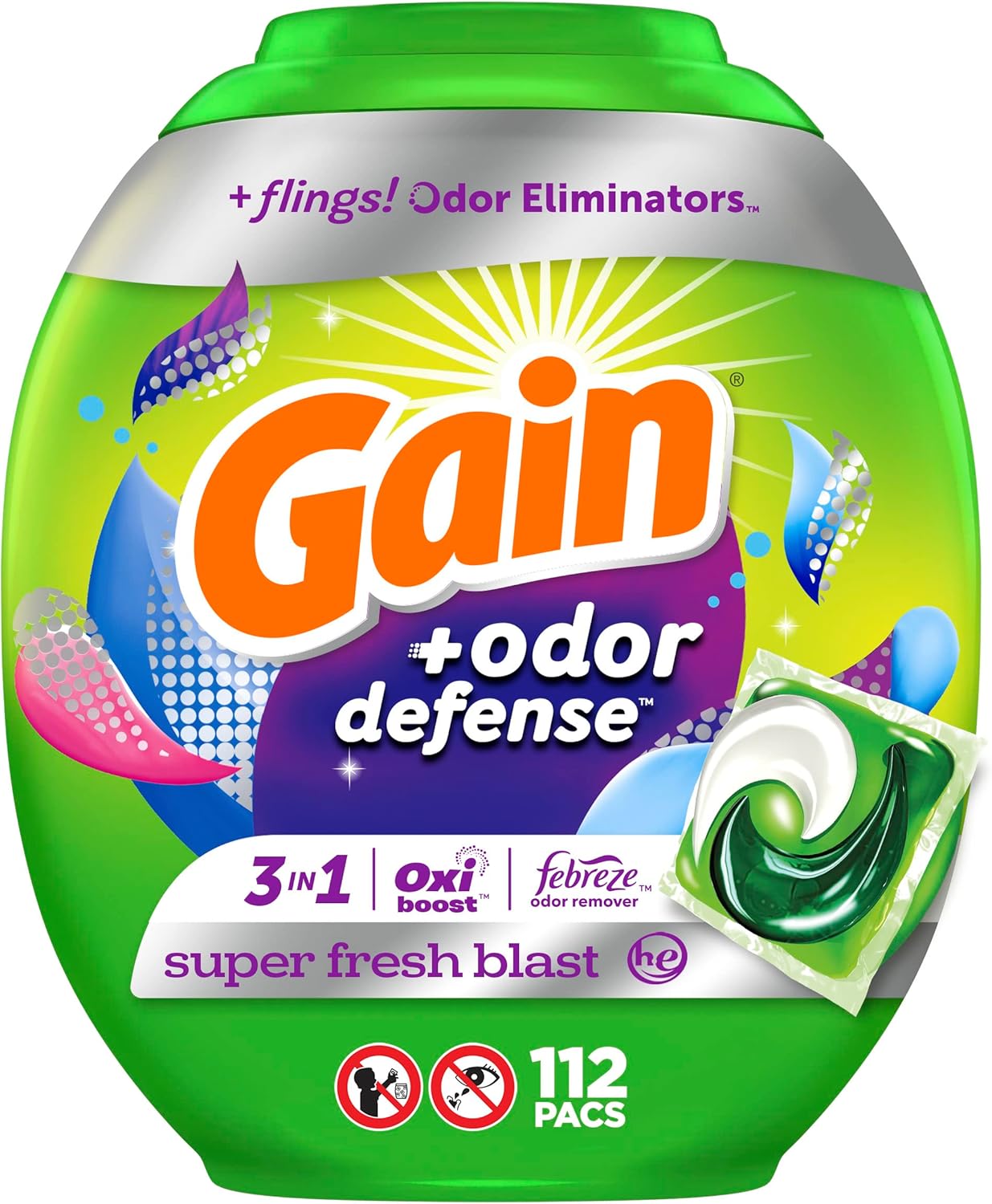 Gain Flings Laundry Detergent Pacs with Odor Defense, 112 Count, Super Fresh Blast Scent, HE 3in1 Detergent Pacs with Febreze and Oxi