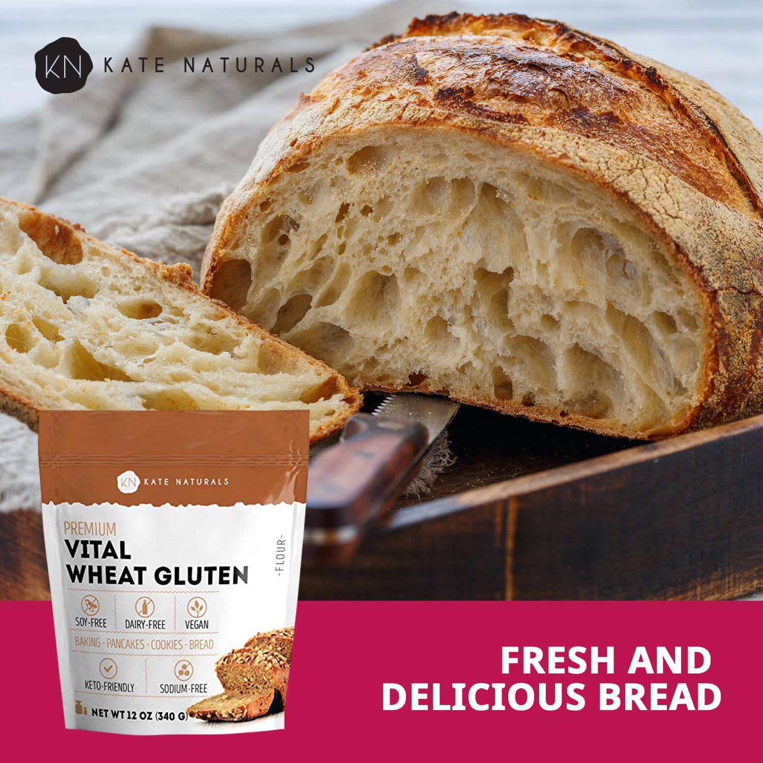 Kate Naturals Vital Wheat Gluten for Bread Making, Baking & Seitan. Compatible with Bread Machine (12oz, High Protein Flour)