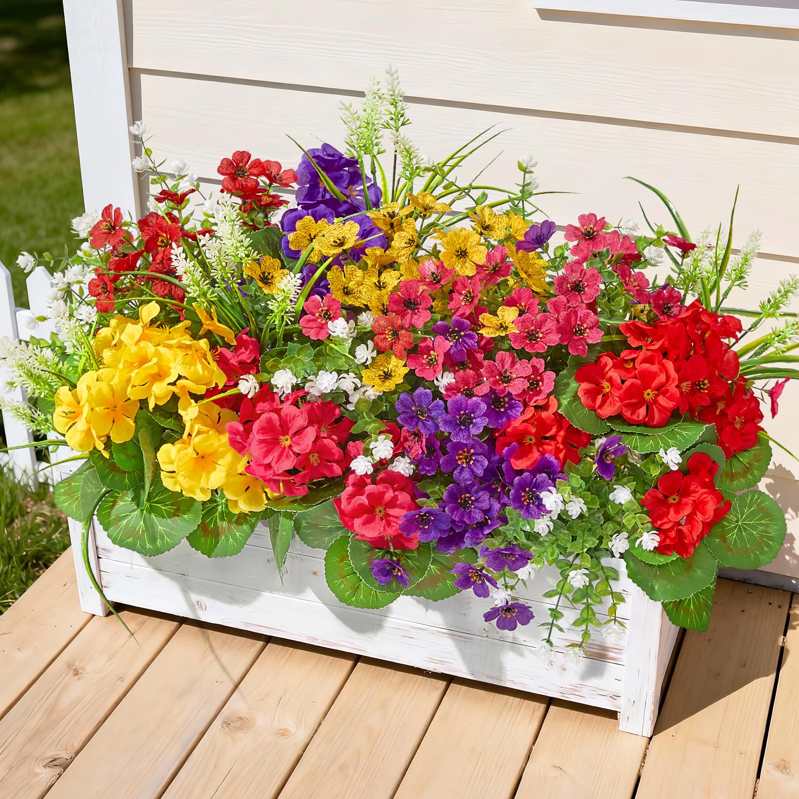 16 Bundles UV Resistant Silk Artificial Outdoor Flowers for Window Box | Mixed Color Realistic Anti-Fade Faux Flowers for Outside Planters,Garden,Porch,Patio,Yard,Home Decor(Purple&Hot Pink)