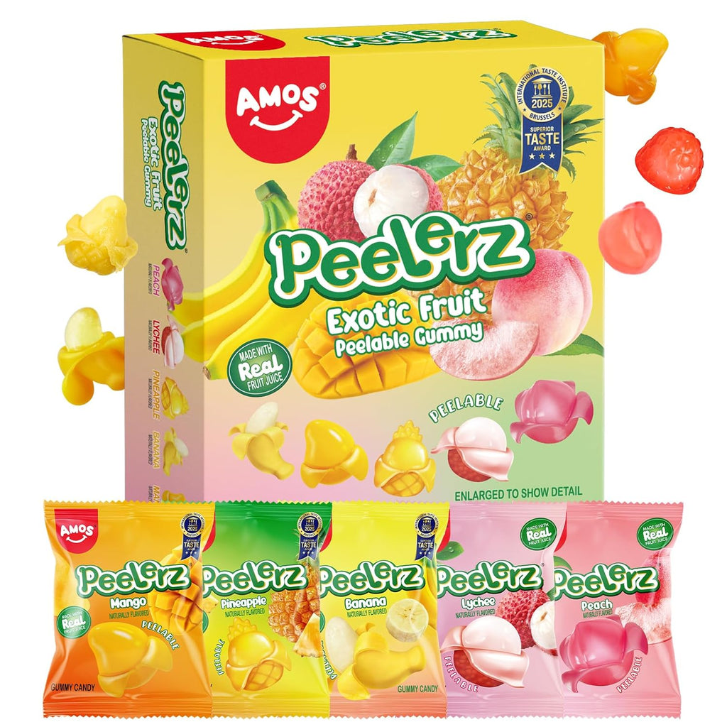 AMOS Peelerz Exotic Fruit Peelable Gummy Candy – 5 Fruit Flavors (Mango, Peach, Banana, Pineapple, Lychee), 8.47oz (240g), Individually Wrapped