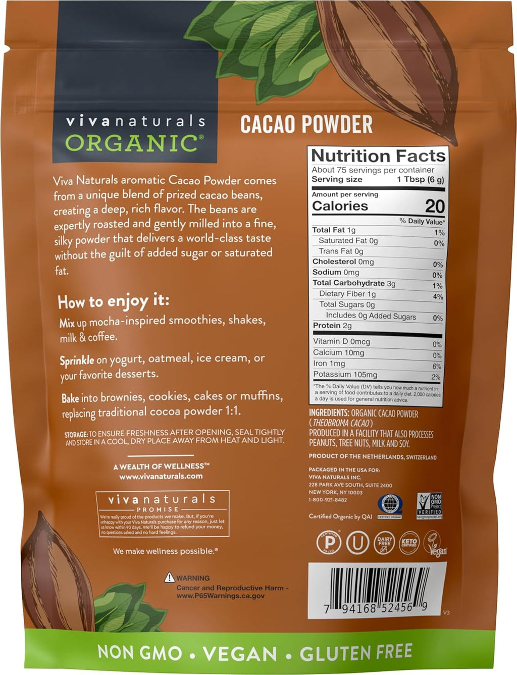 Organic Cacao Powder, Unsweetened, 1 lb (454 g) – Rich Dark Chocolate Flavor, Perfect for Baking, Smoothies & Hot Chocolate – Vegan, Keto, Paleo, Non-GMO & Gluten-Free Cocoa Powder