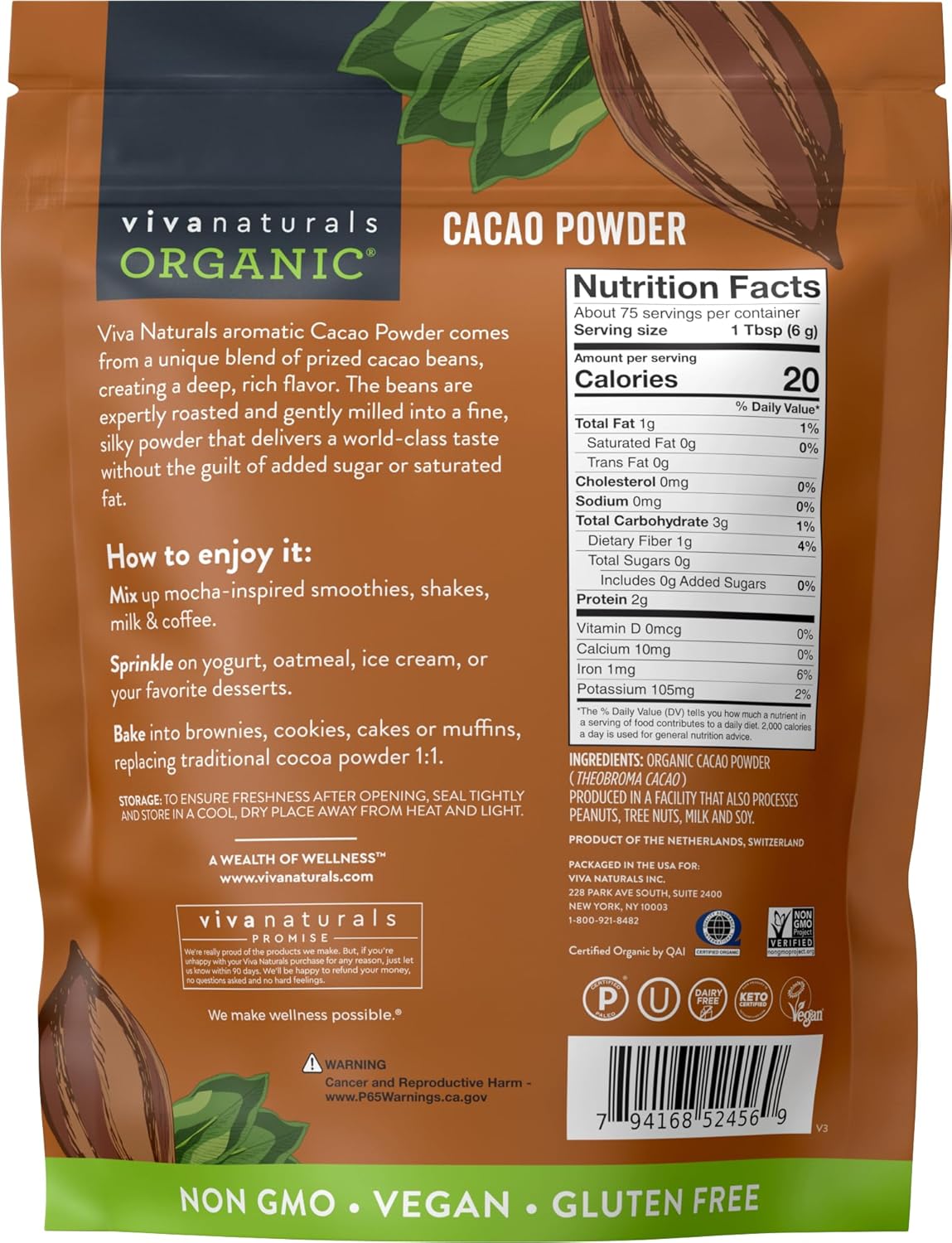 Organic Cacao Powder, Unsweetened, 1 lb (454 g) – Rich Dark Chocolate Flavor, Perfect for Baking, Smoothies & Hot Chocolate – Vegan, Keto, Paleo, Non-GMO & Gluten-Free Cocoa Powder