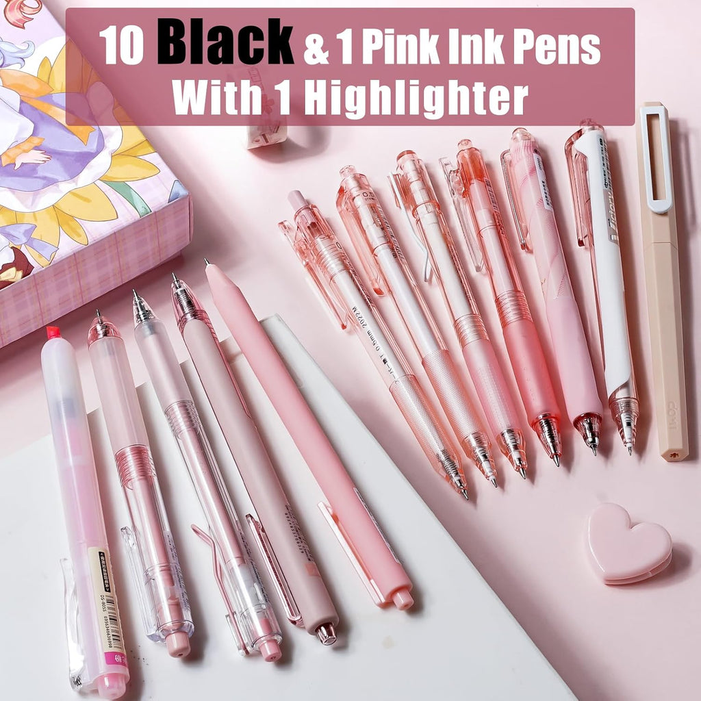 Four Candies Rose Series Gel Pens, Cute Writing Pens with Black & Pink Ink, 0.5 mm Smooth Fine Point, School Office Supplies Girly Stationery Aesthetic Desk Accessories for Women, Set of 12